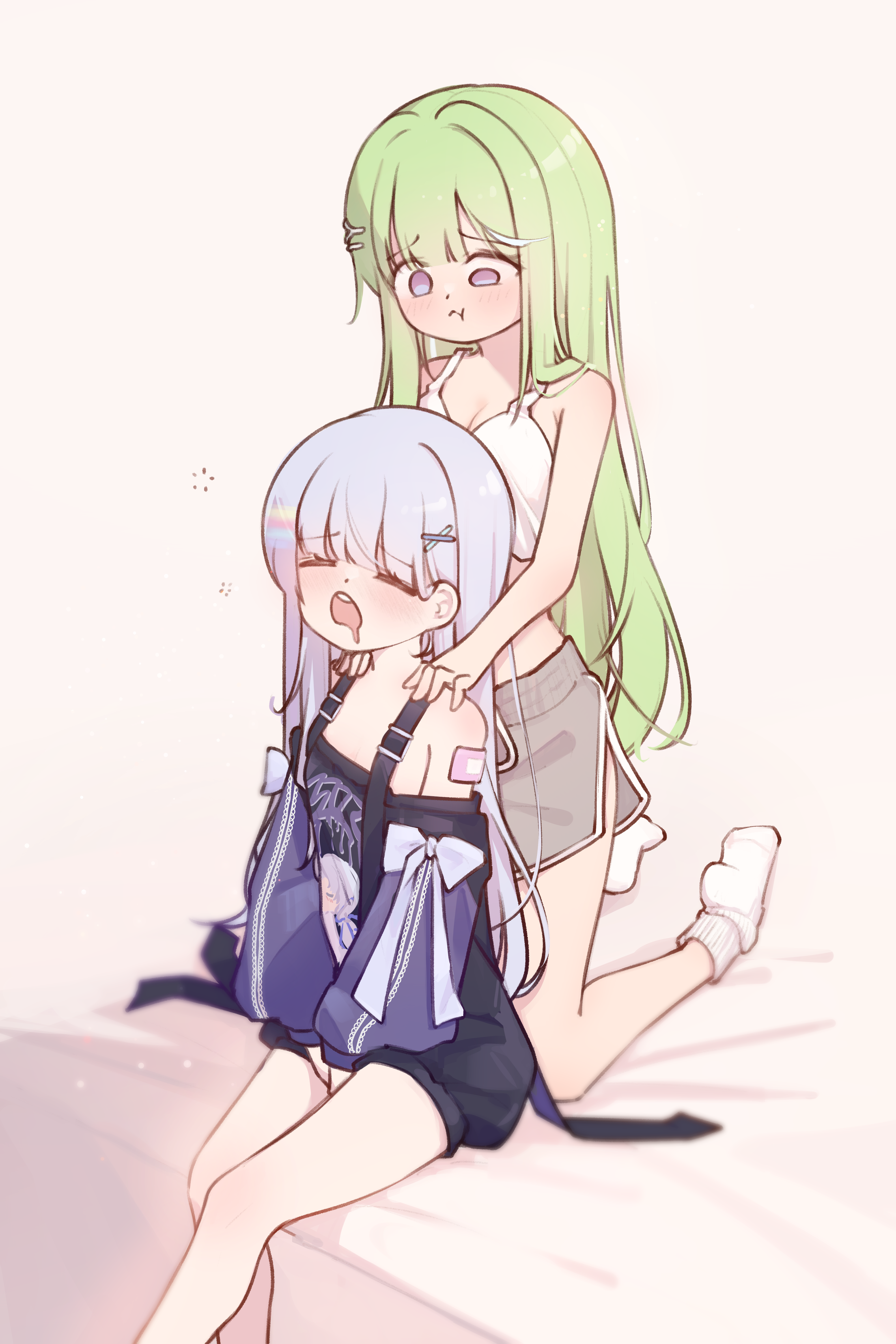 electromocha, ayatsuno yuni, yuzuha riko, stellive, absurdres, commentary request, highres, korean commentary, 2girls, :t, armpit crease, bandaid, bandaid on arm, between legs, black shirt, bow, camisole, closed eyes, crop top, dolphin shorts, dot nose, drooling, green hair, grey hair, grey shorts, hair ornament, hairclip, hand between legs, kneeling, long hair, massage, multicolored hair, multiple girls, no shoes, off-shoulder shirt, off shoulder, open mouth, parted bangs, pout, print shirt, purple eyes, raised eyebrows, shirt, short shorts, shorts, sitting, sleeve bow, socks, straight hair, streaked hair, suspenders, very long hair, virtual youtuber, white bow, white camisole, white socks, x hair ornament