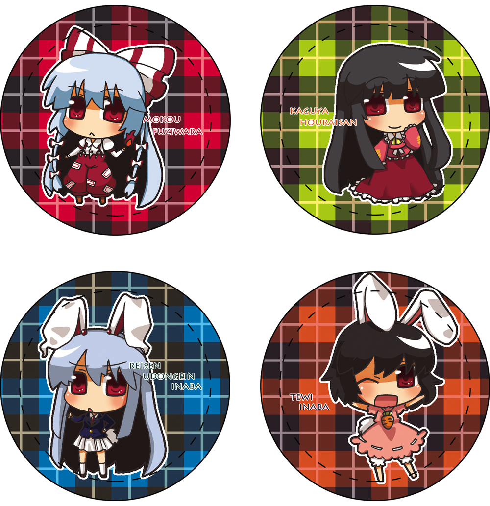 kurohagi ryou, fujiwara no mokou, houraisan kaguya, inaba tewi, reisen udongein inaba, touhou, plaid, 4girls, chibi, dress, female focus, multiple girls, pin, skirt, white background, wink