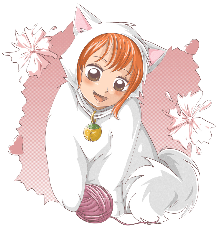 nami (one piece), one piece, 1girl, animal costume, animal ears, bell, clew, collar, female focus, orange hair, short hair, smile, solo, yarn, yarn ball