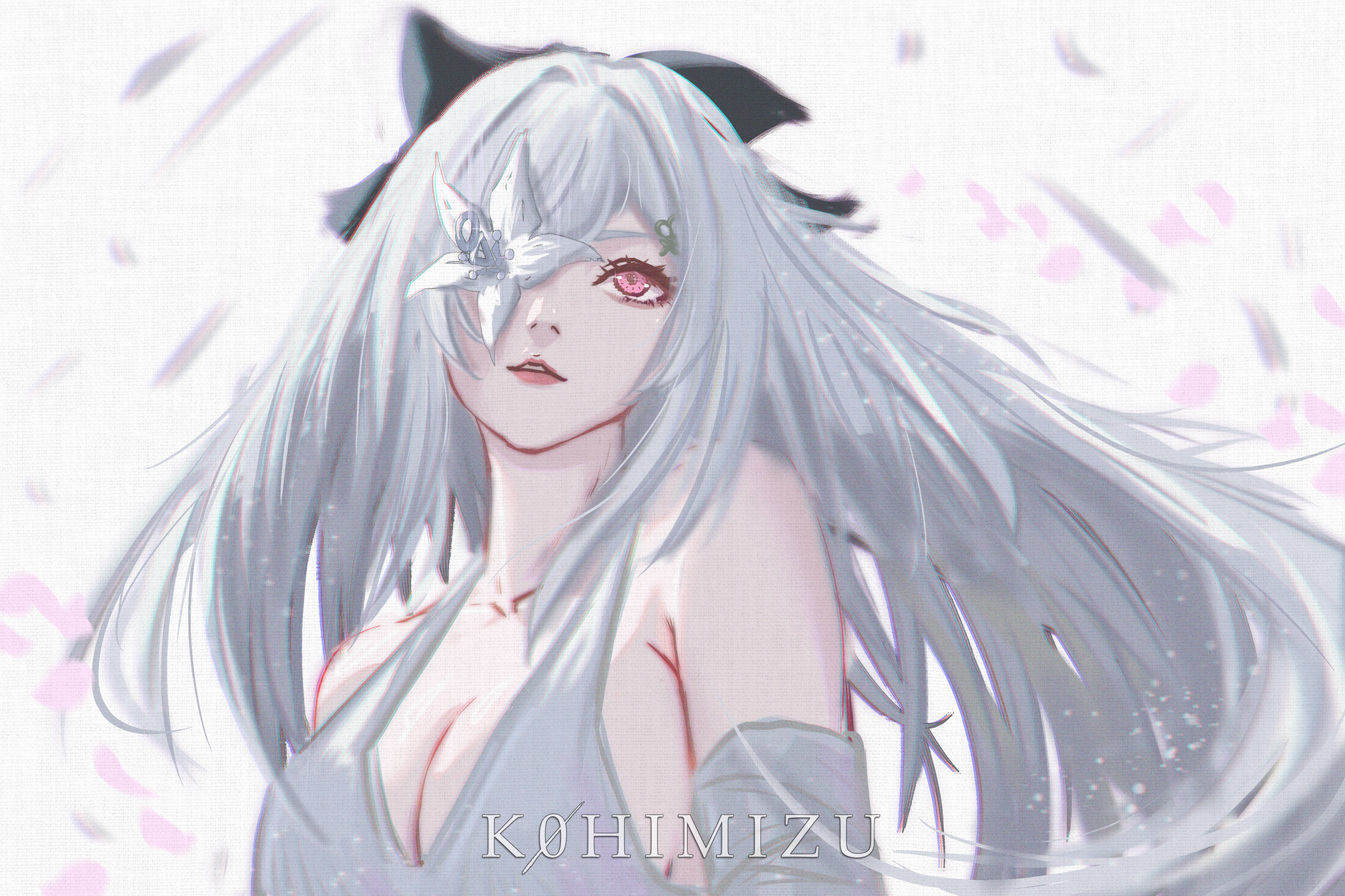 zero (drag-on dragoon), drag-on dragoon, drag-on dragoon 3, commentary, english commentary, highres, 1girl, armpit crease, artist name, black bow, bow, breasts, cleavage, collarbone, eyelashes, flower, flower over eye, k0himizu, large breasts, long hair, pink lips, red eyes, solo, twitter username, upper body, white background, white hair