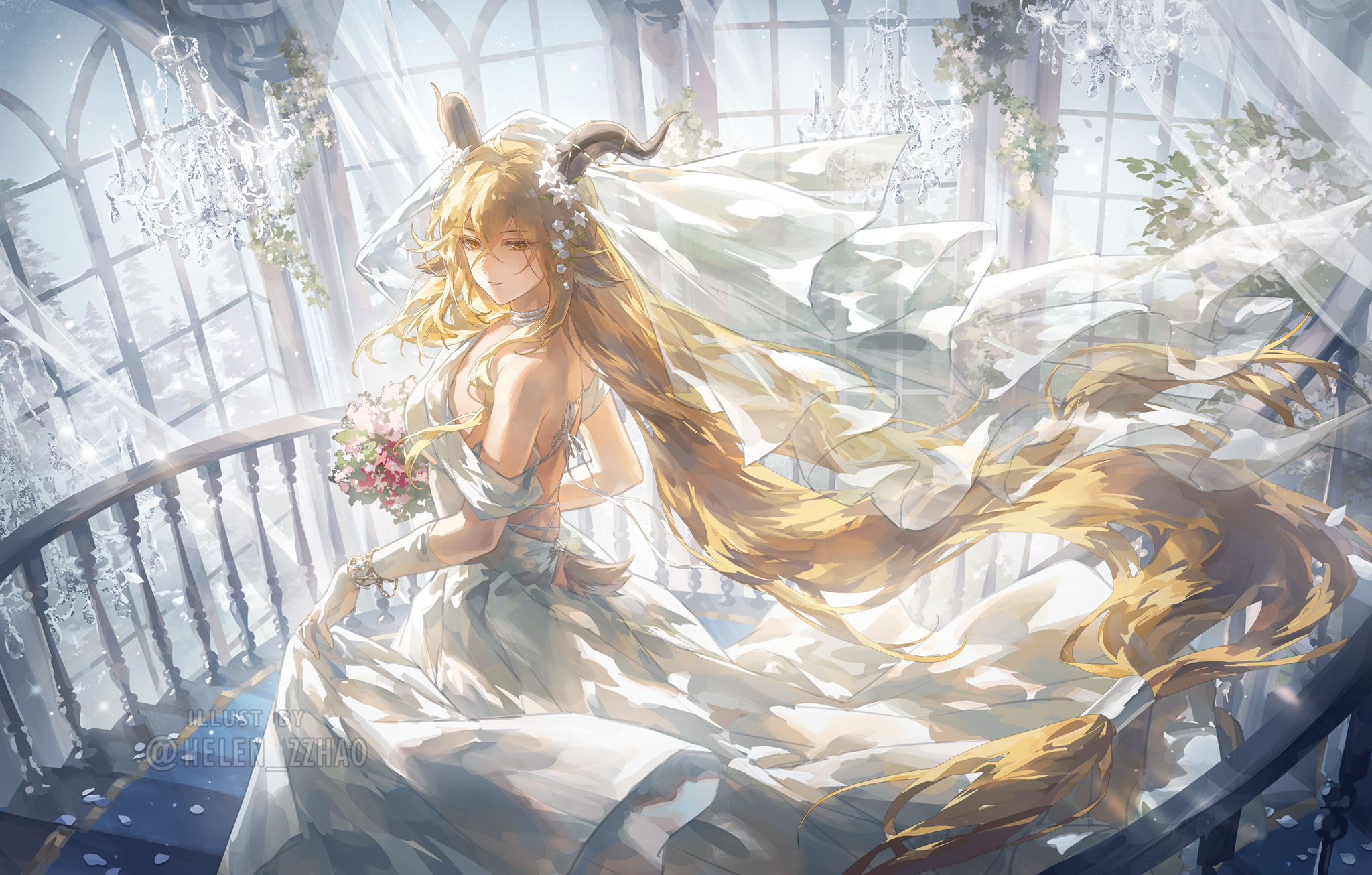 helen zzhao, degenbrecher (arknights), arknights, highres, 1girl, ahoge, alternate costume, animal ears, backless dress, backless outfit, bare back, bare shoulders, blonde hair, bouquet, chandelier, crossed bangs, dress, flower, gloves, goat ears, goat horns, goat tail, hair between eyes, hair flower, hair ornament, holding, holding bouquet, horns, indoors, long hair, looking at viewer, low-tied long hair, parted lips, skirt hold, solo, tail, very long hair, white dress, white gloves, yellow eyes