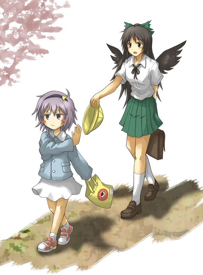 hino ryuu, hinoryu, komeiji satori, reiuji utsuho, touhou, bad id, bad pixiv id, 2girls, adapted costume, bag, black wings, blush, blush stickers, child, female focus, hairband, hat, kindergarten, kindergarten uniform, miniskirt, multiple girls, satchel, school bag, school hat, school uniform, simple background, skirt, white background, wings