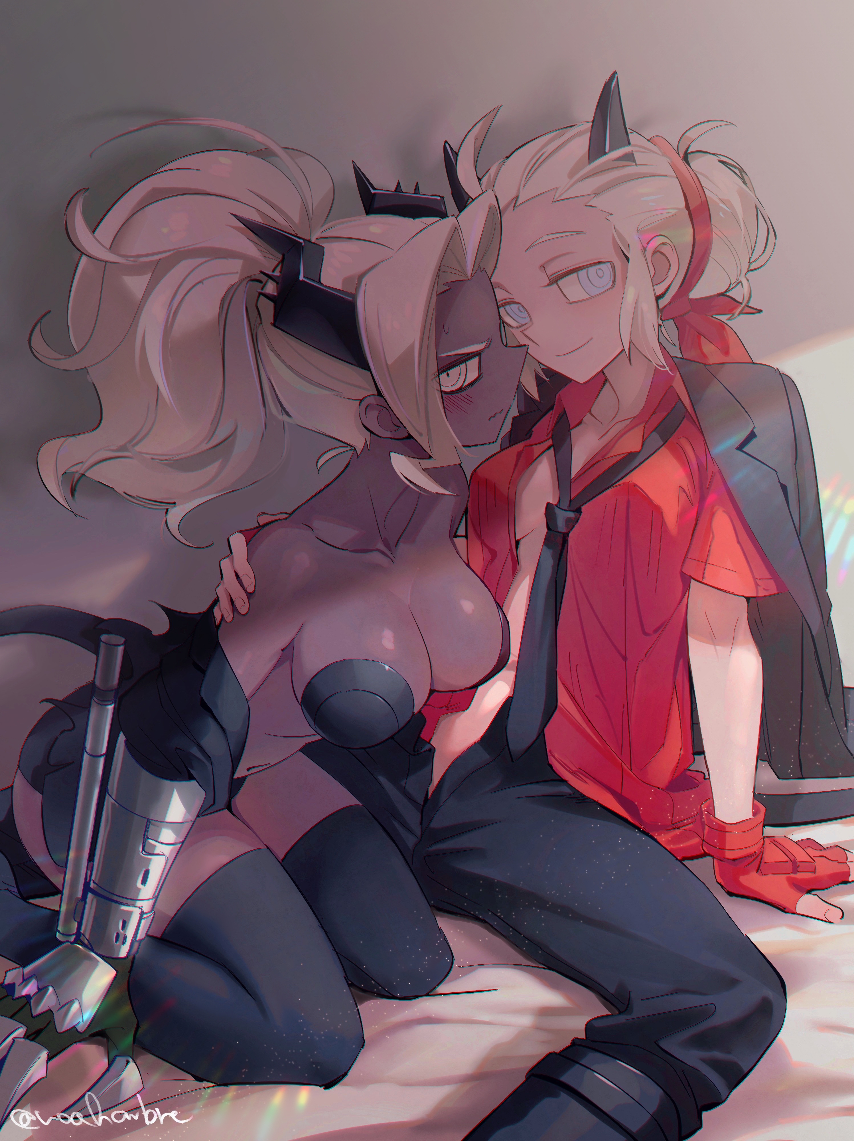 noah (tettsui-sole), judgement (helltaker), justice (helltaker), helltaker, absurdres, highres, 2girls, arm support, bare shoulders, black horns, black jacket, black necktie, black pants, blind, blush, breasts, collarbone, colored skin, dark-skinned female, dark skin, demon girl, demon horns, demon tail, fingerless gloves, gloves, grey skin, hair ornament, hairband, hand on another's shoulder, horns, jacket, jacket on shoulders, large breasts, long hair, looking at viewer, medium breasts, multiple girls, navel, necktie, off shoulder, open clothes, open pants, open shirt, pants, ponytail, profile, red gloves, red shirt, shirt, short hair, short sleeves, sitting, smile, tail, thighhighs, twitter username, white hair, yuri
