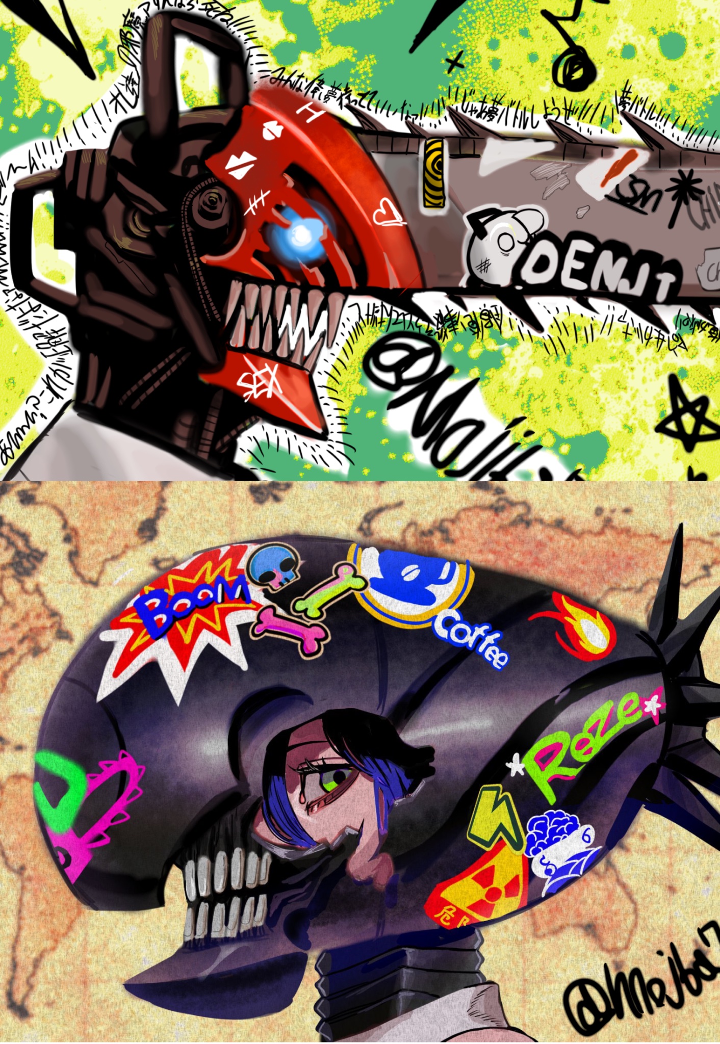 mojiba7, bomb devil (chainsaw man), denji (chainsaw man), reze (chainsaw man), chainsaw man, highres, 1boy, 1girl, bomb, chainsaw, dynamite, explosive, nuclear weapon, object head, sharp teeth, teeth