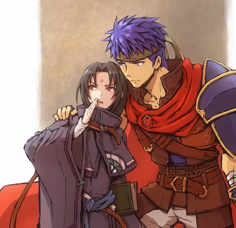 ike (fire emblem), soren (fire emblem), fire emblem, fire emblem: radiant dawn, nintendo, commentary request, 2boys, armor, black hair, blue eyes, blue hair, book, capelet, facial mark, forehead mark, green headband, hand on another's shoulder, headband, male focus, multiple boys, pauldrons, red eyes, short hair, shoulder armor, single pauldron, sumuco, wide sleeves