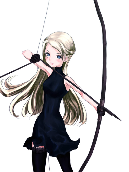 kazuoki, 1girl, archery, arrow (projectile), black thighhighs, blonde hair, blue eyes, bow (weapon), drawing bow, dress, female focus, gloves, holding, holding bow (weapon), holding weapon, long hair, simple background, sleeveless, solo, thighhighs, weapon, white background, zettai ryouiki