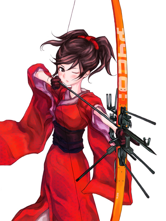 kazuoki, 1girl, archery, arrow (projectile), asa no ha (pattern), blush, bow (weapon), drawing bow, dress, female focus, gloves, holding, holding bow (weapon), holding weapon, japanese clothes, kimono, marksman, obi, one eye closed, patterned kimono, print kimono, red dress, sash, simple background, solo, weapon, white background