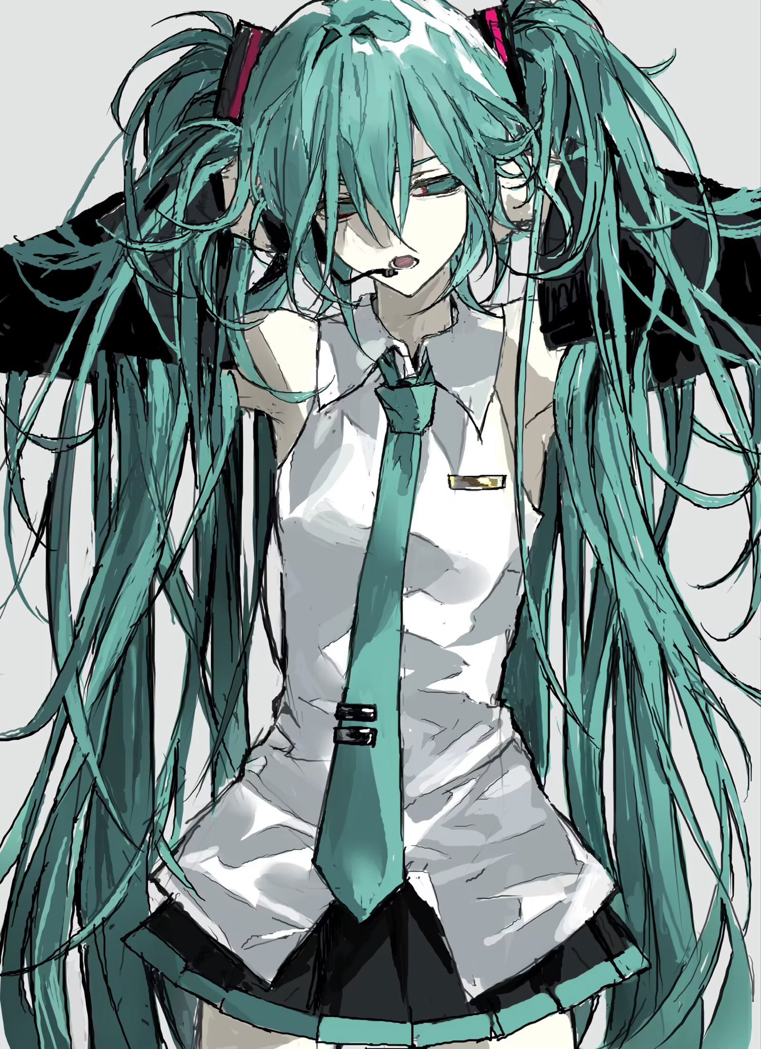 hatsune miku, vocaloid, highres, 1girl, aqua eyes, aqua hair, aqua nails, aqua necktie, black sleeves, cowboy shot, detached sleeves, headset, konosekaino920, long hair, messy hair, necktie, open mouth, shirt, sleeveless, sleeveless shirt, solo, twintails, very long hair