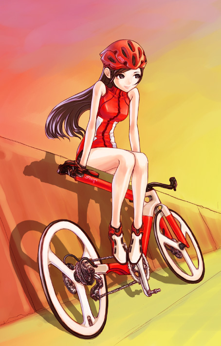 kazuoki, original, 1girl, bare shoulders, bicycle, brown eyes, brown hair, dusk, evening, female focus, gloves, helmet, legs, long hair, sitting, smile, solo, wind