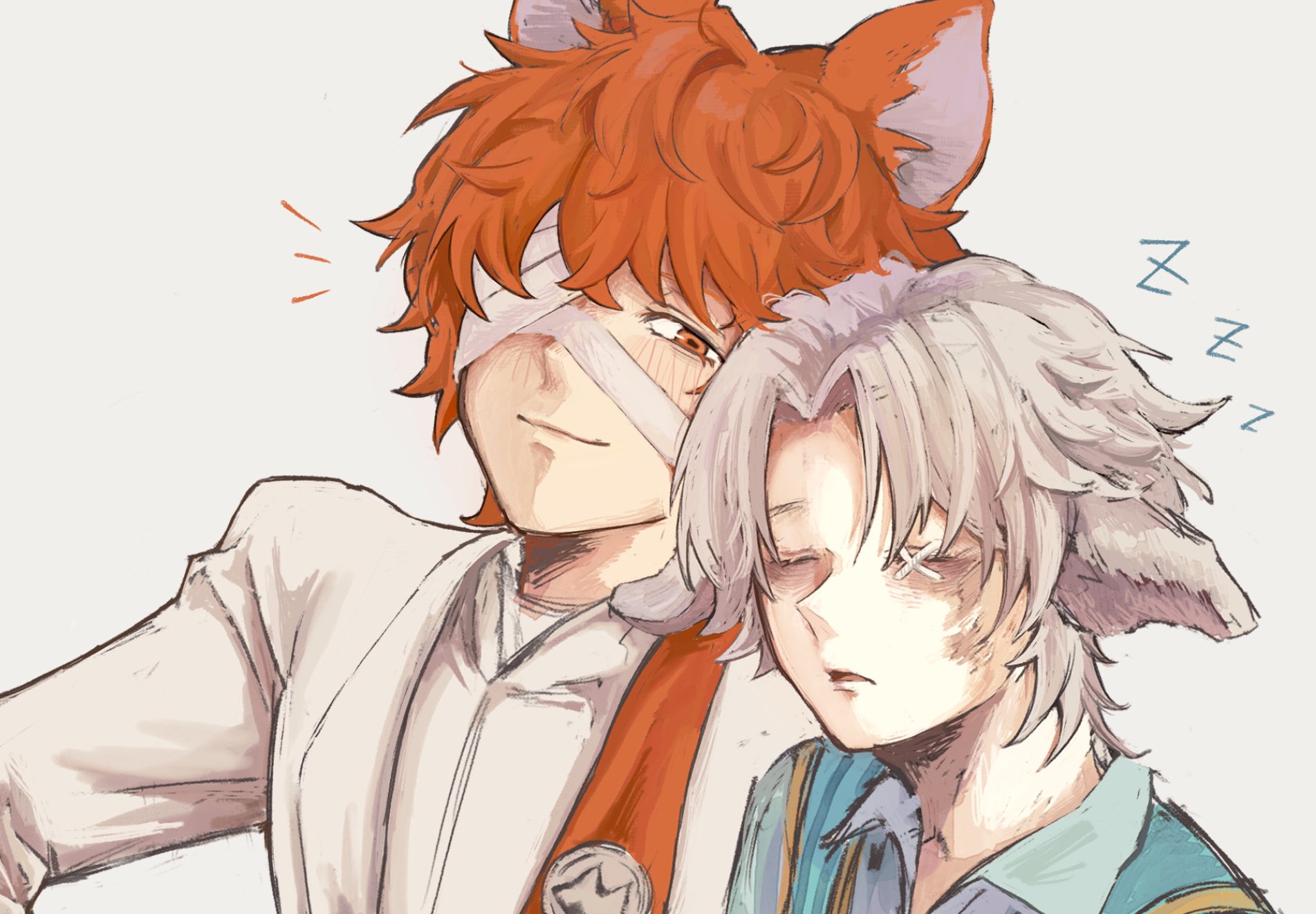 florian brand, matthias czernin, identity v, highres, 2boys, animal ears, bandage over one eye, blue vest, closed eyes, cross stitch, eh8pgik33326, florian brand (proposal), fox boy, fox ears, hair intakes, jacket, lamb ears, leaning on person, looking at another, male focus, matthias czernin (the boy who fell), multiple boys, orange eyes, orange hair, scar, scar on face, sheep boy, sheep ears, stitched eye, vest, white hair, white jacket, zzz