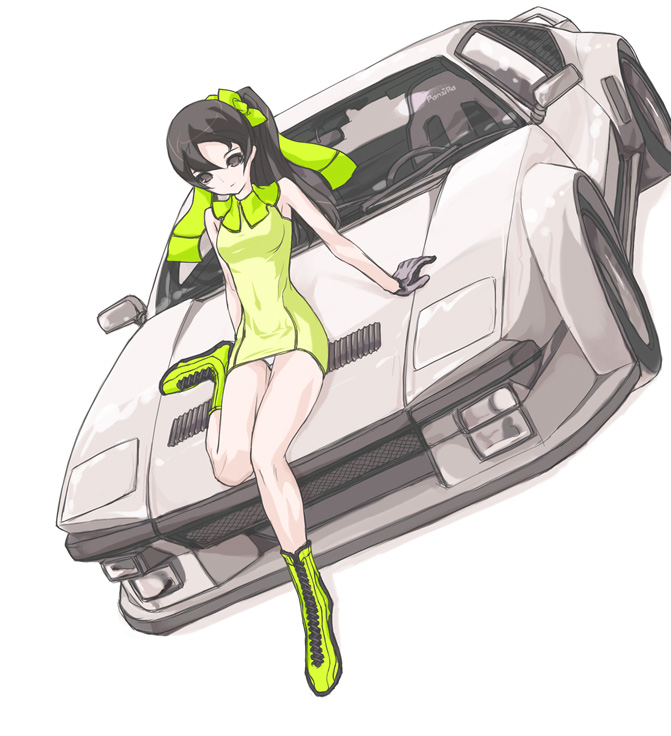 kazuoki, detomaso pantera, original, 1girl, boots, car, detomaso, dress, dutch angle, female focus, gloves, green boots, left-hand drive, legs, motor vehicle, on car, panties, pantyshot, race queen, short dress, sitting, solo, underwear, vehicle focus