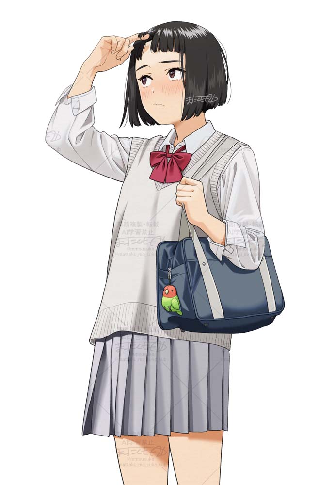 mattaku mousuke, original, unhappy, commentary, 1girl, adjusting hair, arm up, artist name, bag, black hair, blue bag, blunt bangs, blunt ends, blush, bob cut, bow, bowtie, brown eyes, closed mouth, collared shirt, cowboy shot, dress shirt, embarrassed, eyelashes, grey skirt, grey sweater vest, holding, holding bag, holding strap, long sleeves, looking at self, looking up, loose hair strand, nose blush, playing with own hair, pleated skirt, red bow, red bowtie, school bag, school uniform, shirt, short bangs, short hair, signature, simple background, skirt, solo, standing, sweater vest, watermark, watermark grid, wavy mouth, white background, white shirt