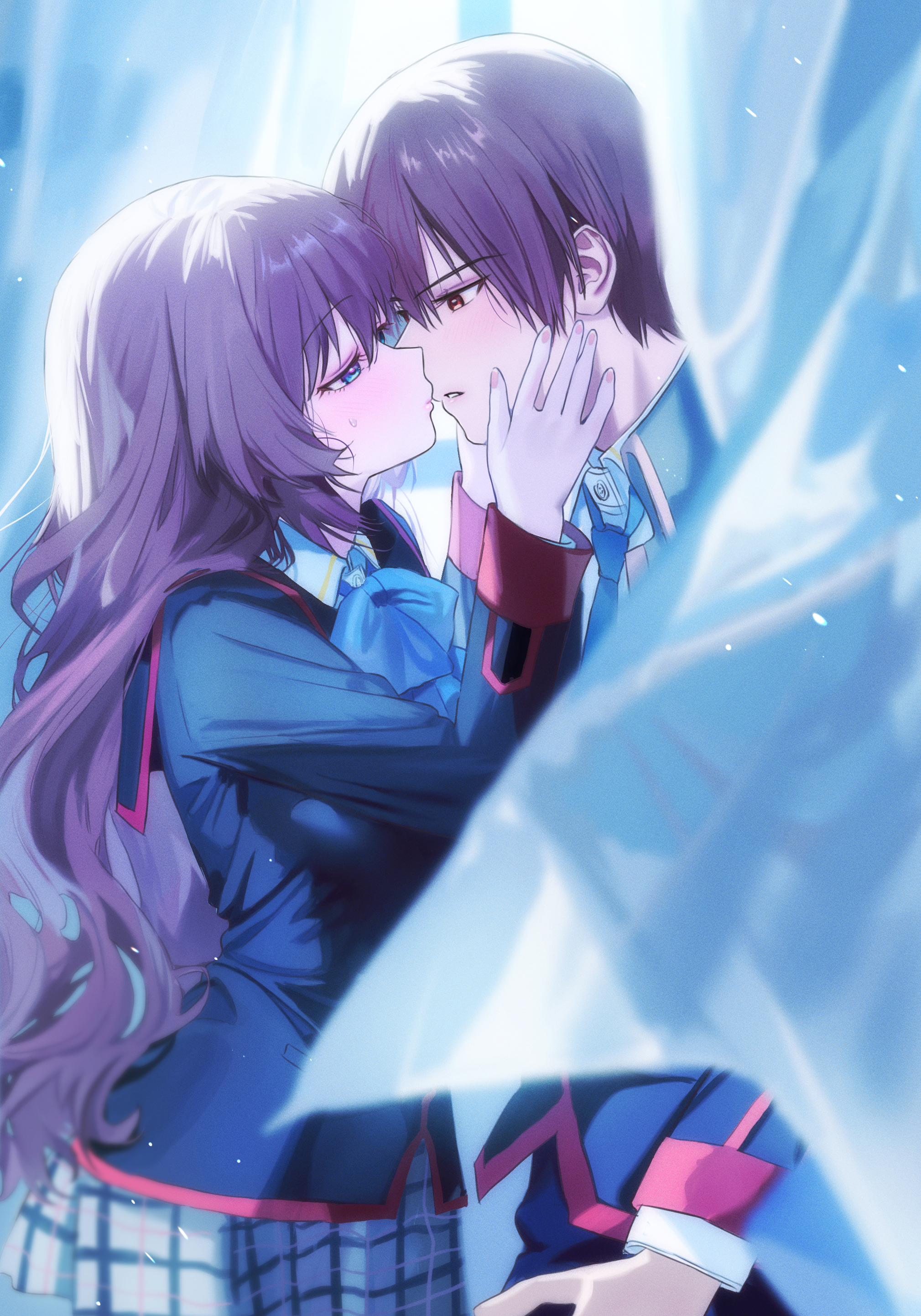 miiizuno lbs, a-chan (little busters!), natsume kyousuke, little busters!, absurdres, commentary request, highres, 1boy, 1girl, assertive female, backlighting, black jacket, blue bow, blue bowtie, blue eyes, blue necktie, blurry, blush, bow, bowtie, brown eyes, brown hair, collared shirt, couple, cowboy shot, curtains, depth of field, eye contact, eyelashes, from side, grey skirt, hair between eyes, hands on another's cheeks, hands on another's face, hands up, hetero, imminent kiss, indoors, jacket, little busters! school uniform, long hair, long sleeves, looking at another, miniskirt, necktie, parted lips, plaid clothes, plaid skirt, pleated skirt, profile, puckered lips, school uniform, shirt, short hair, skirt, sweatdrop, tsurime, very long hair, wavy hair, white shirt