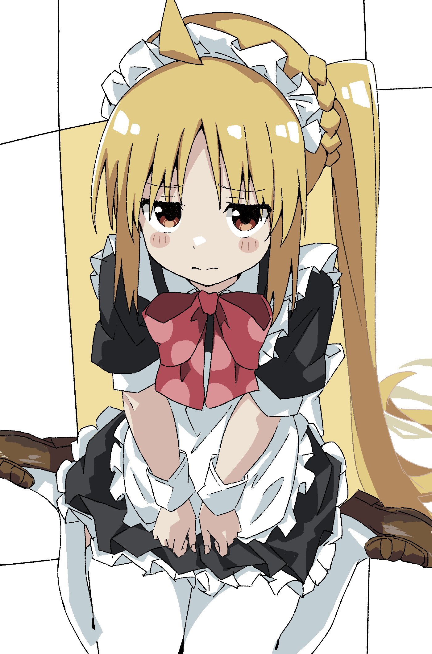maho ron1, ijichi nijika, bocchi the rock!, highres, blonde hair, blush, doritos hair (meme), loafers, long hair, looking at viewer, maid, meme, red eyes, ribbon, shoes
