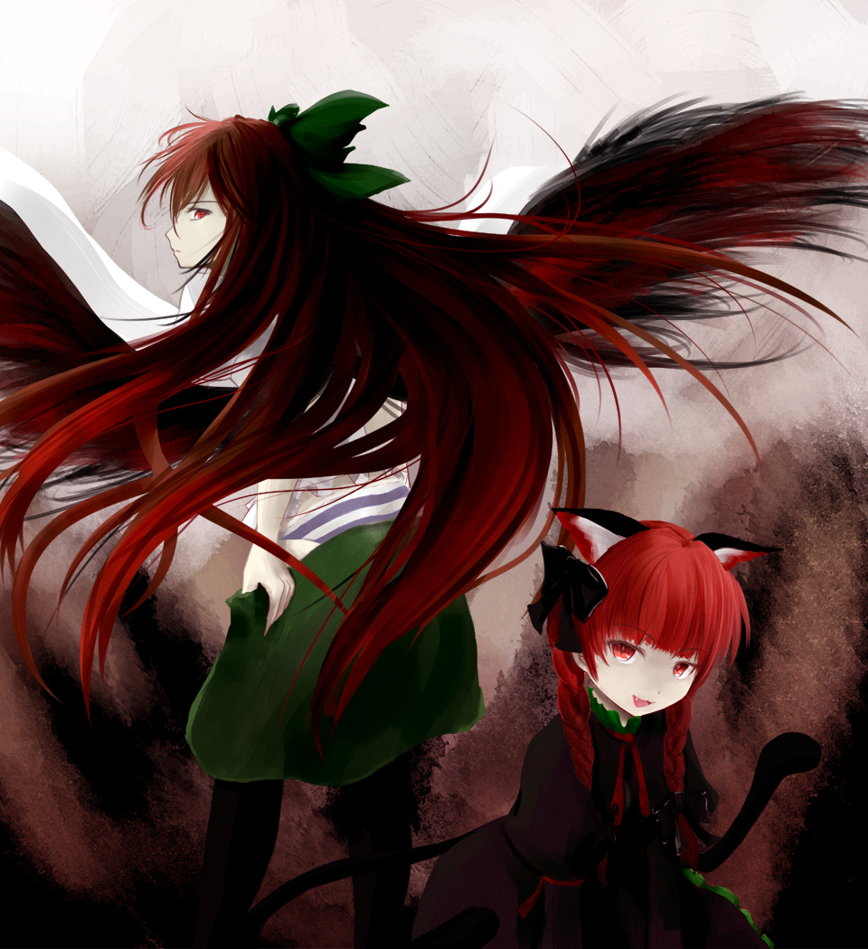 shiina shian, kaenbyou rin, reiuji utsuho, touhou, 2girls, animal ears, bird wings, black hair, bow, braid, cape, cat ears, cat girl, cat tail, fang, female focus, gradient hair, hair bow, hair ribbon, kyanai, long hair, long sleeves, multicolored hair, multiple girls, open mouth, panties, puffy sleeves, red eyes, red hair, ribbon, short sleeves, striped clothes, striped panties, tail, twin braids, underwear, undressing, very long hair, wings