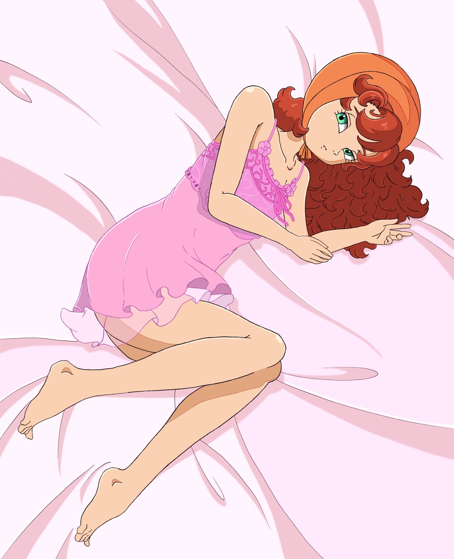 maribel (dq7), dragon quest, dragon quest vii, highres, 1girl, barefoot, blanket, brown hair, closed mouth, collarbone, curly hair, full body, green eyes, hood, long hair, looking at viewer, nightgown, sinfonianobilis, sleepwear, solo