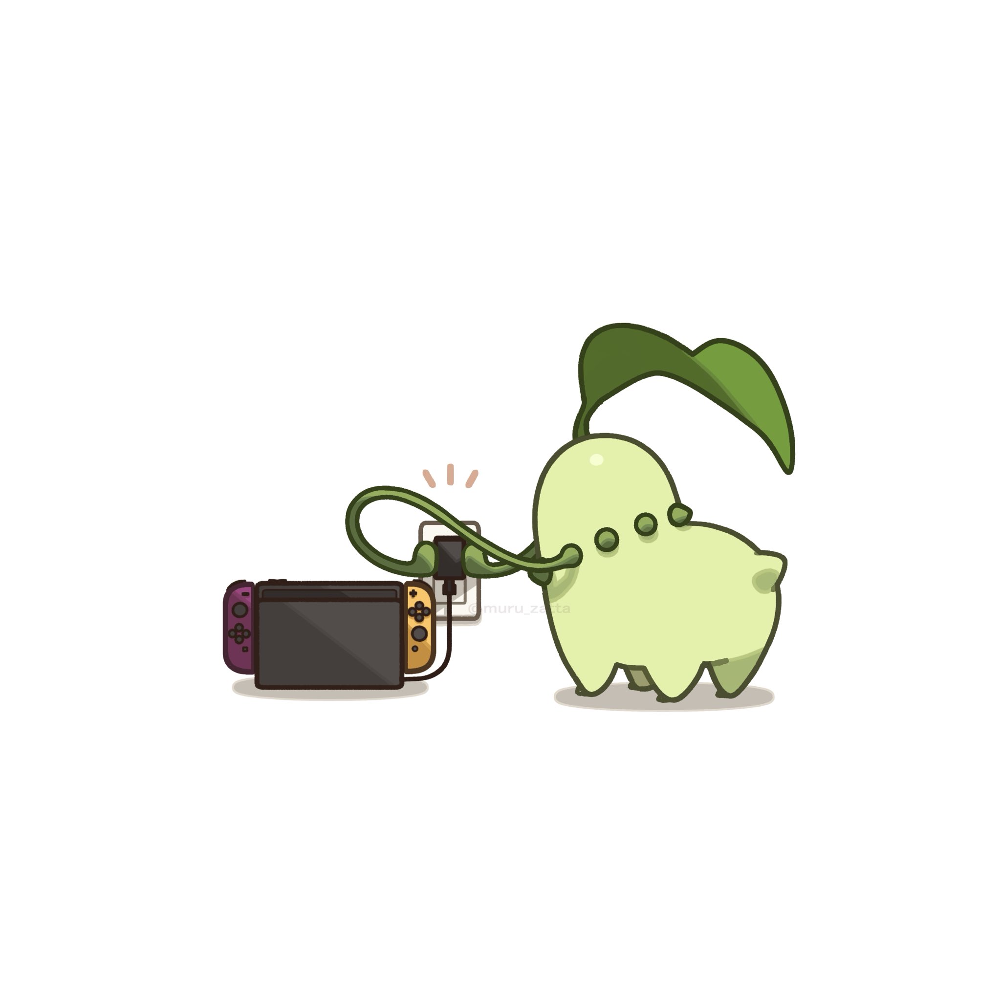 muru zatta, chikorita, nintendo, pokemon, commentary request, highres, all fours, charging device, colored skin, electrical outlet, from behind, full body, game console, gen 2 pokemon, green skin, handheld game console, leaf, leaf on head, nintendo switch, no humans, notice lines, plant, pokemon (creature), pokemon focus, solo, vine whip, vines, white background