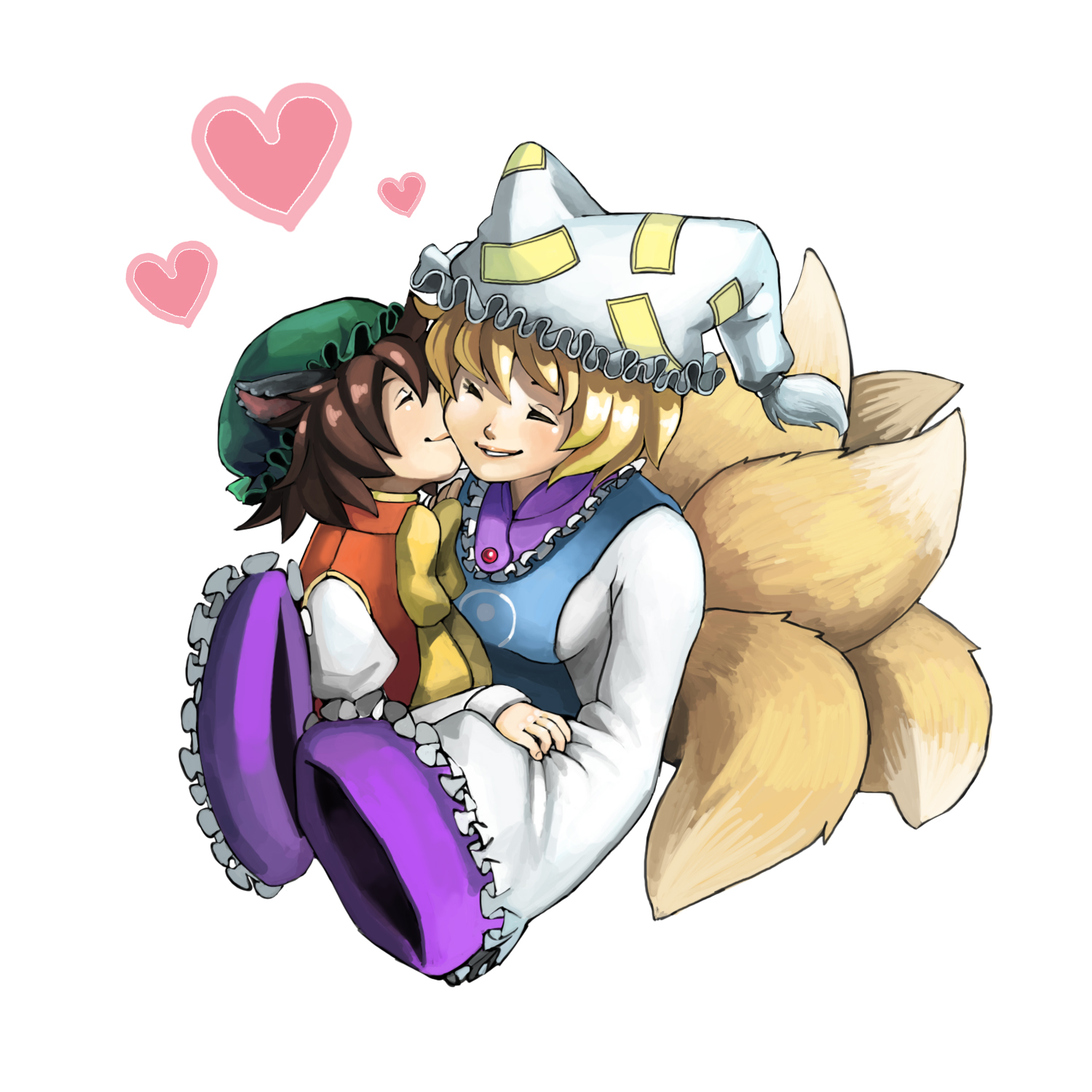 buebue, chen, yakumo ran, touhou, bad id, bad pixiv id, highres, 2girls, animal hat, female focus, fox tail, hat, heart, hug, long sleeves, mob cap, multiple girls, multiple tails, short hair, smile, tail, tassel, white background, wide sleeves
