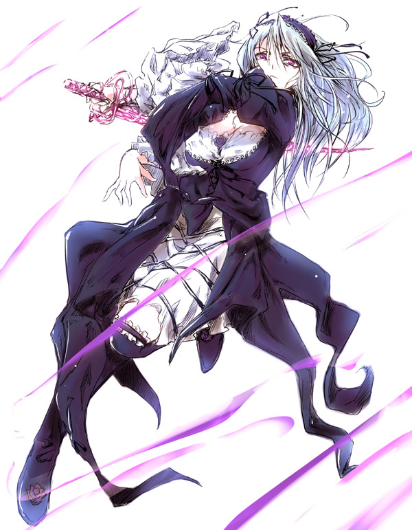 tousen, suigintou, rozen maiden, silver hair, 00s, 1girl, boots, breasts, dress, female focus, frills, hairband, knee boots, long hair, medium breasts, purple eyes, solo, sword, weapon