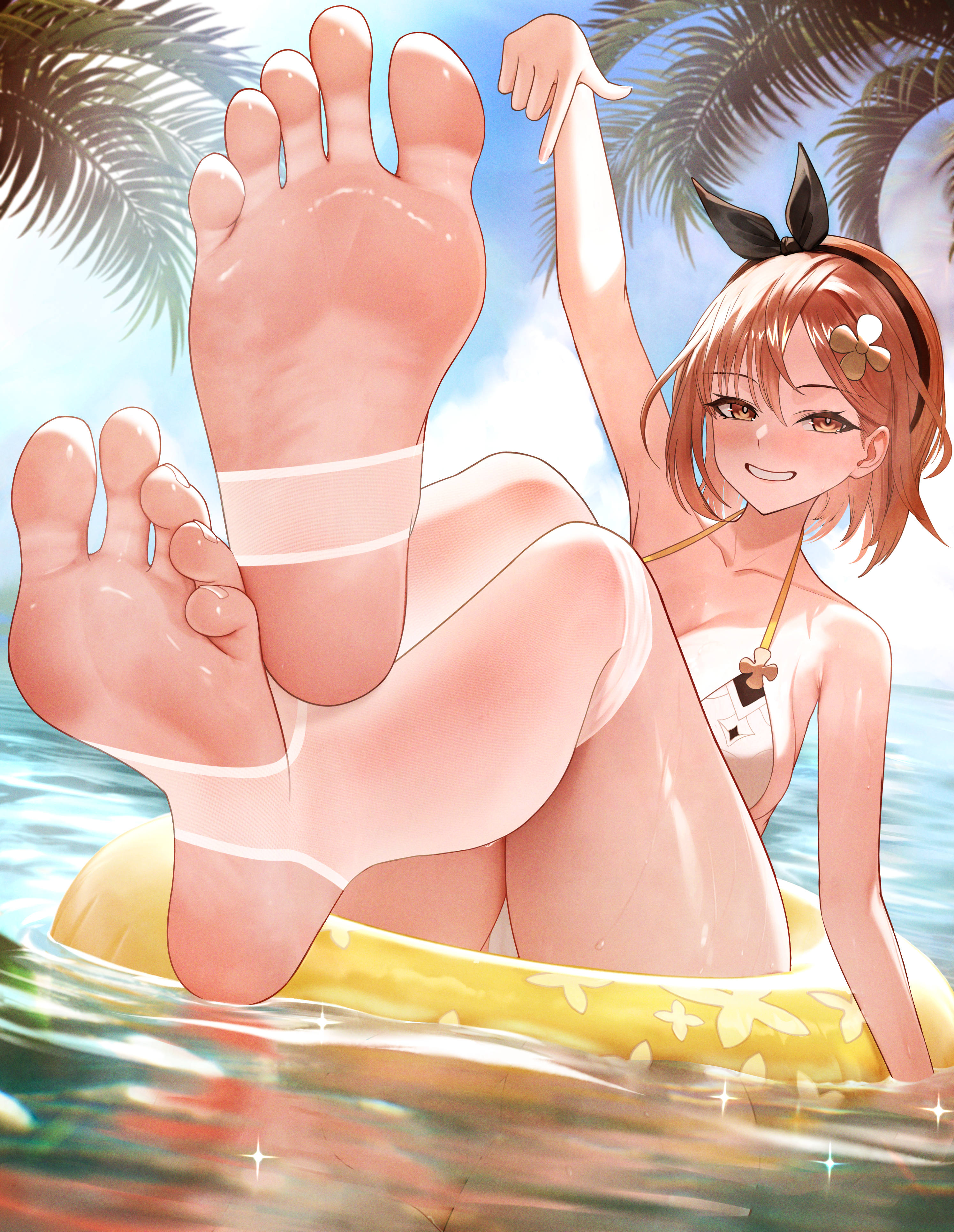 ursica, reisalin stout, atelier (series), atelier ryza, absurdres, highres, 1girl, bikini, black hairband, breasts, brown eyes, brown hair, clover hair ornament, crossed ankles, feet, foot focus, hair between eyes, hair ornament, hairband, large breasts, legs, looking at viewer, no shoes, on innertube, outdoors, over-kneehighs, palm tree, pointing, pointing down, reflection, reflective water, short hair, smile, soles, solo, stirrup legwear, swim ring, swimsuit, thick thighs, thighhighs, thighs, toeless legwear, toenails, toes up, tree, water, wet, white bikini, white thighhighs