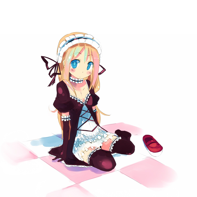 kanikama, ana coppola, ichigo mashimaro, arm garter, black thighhighs, blonde hair, blue eyes, child, choker, dress, elbow gloves, frilled thighhighs, frills, gloves, gothic lolita, hairband, lolita fashion, long hair, solo, thighhighs, zettai ryouiki