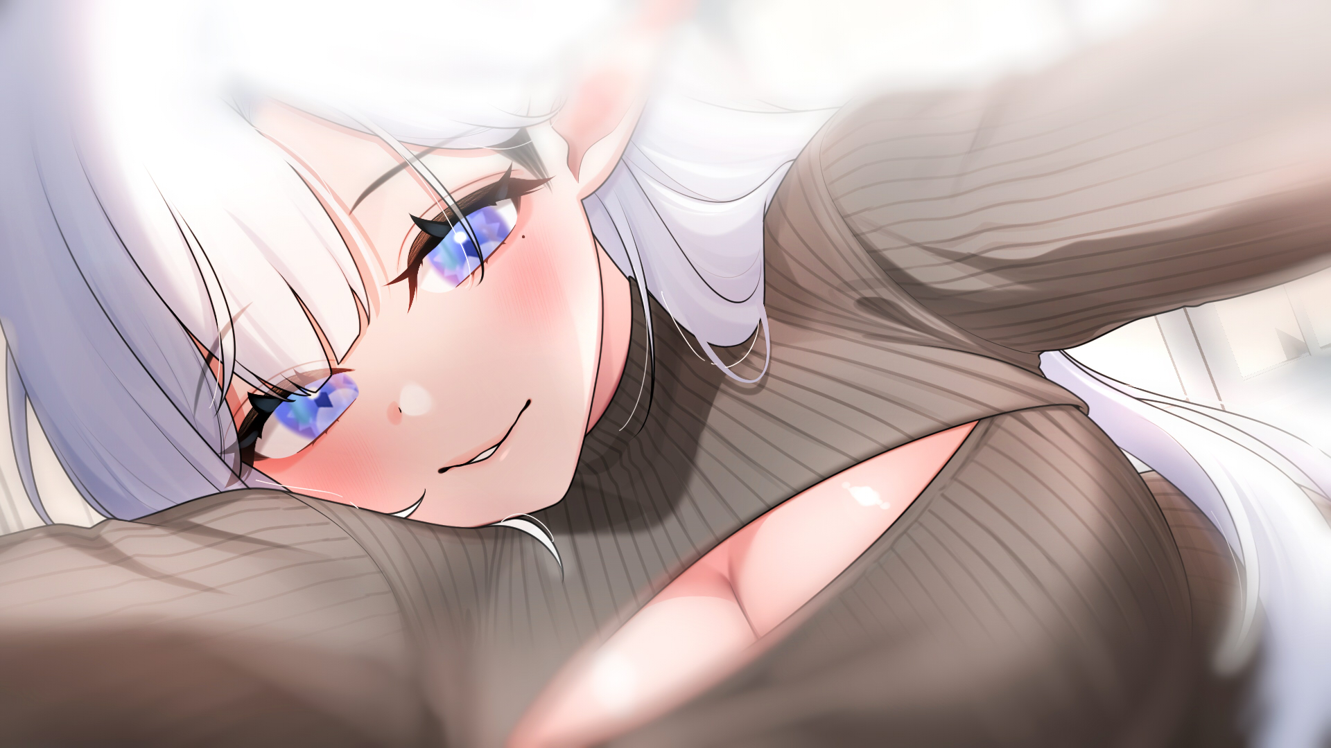 halo sweety (artist), halo sweety, indie virtual youtuber, highres, 1girl, blurry edges, breasts, cleavage, cleavage cutout, close-up, clothing cutout, diamond-shaped pupils, diamond (shape), grey sweater, long hair, mole, mole under eye, purple eyes, ribbed sweater, solo, sweater, symbol-shaped pupils, virtual youtuber, white hair