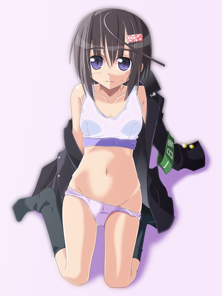 takke-shioyaki, original, 1girl, ahoge, armband, black hair, female focus, freckles, jacket, kneehighs, navel, open clothes, panties, purple eyes, short hair, socks, solo, sports bra, underwear, underwear only