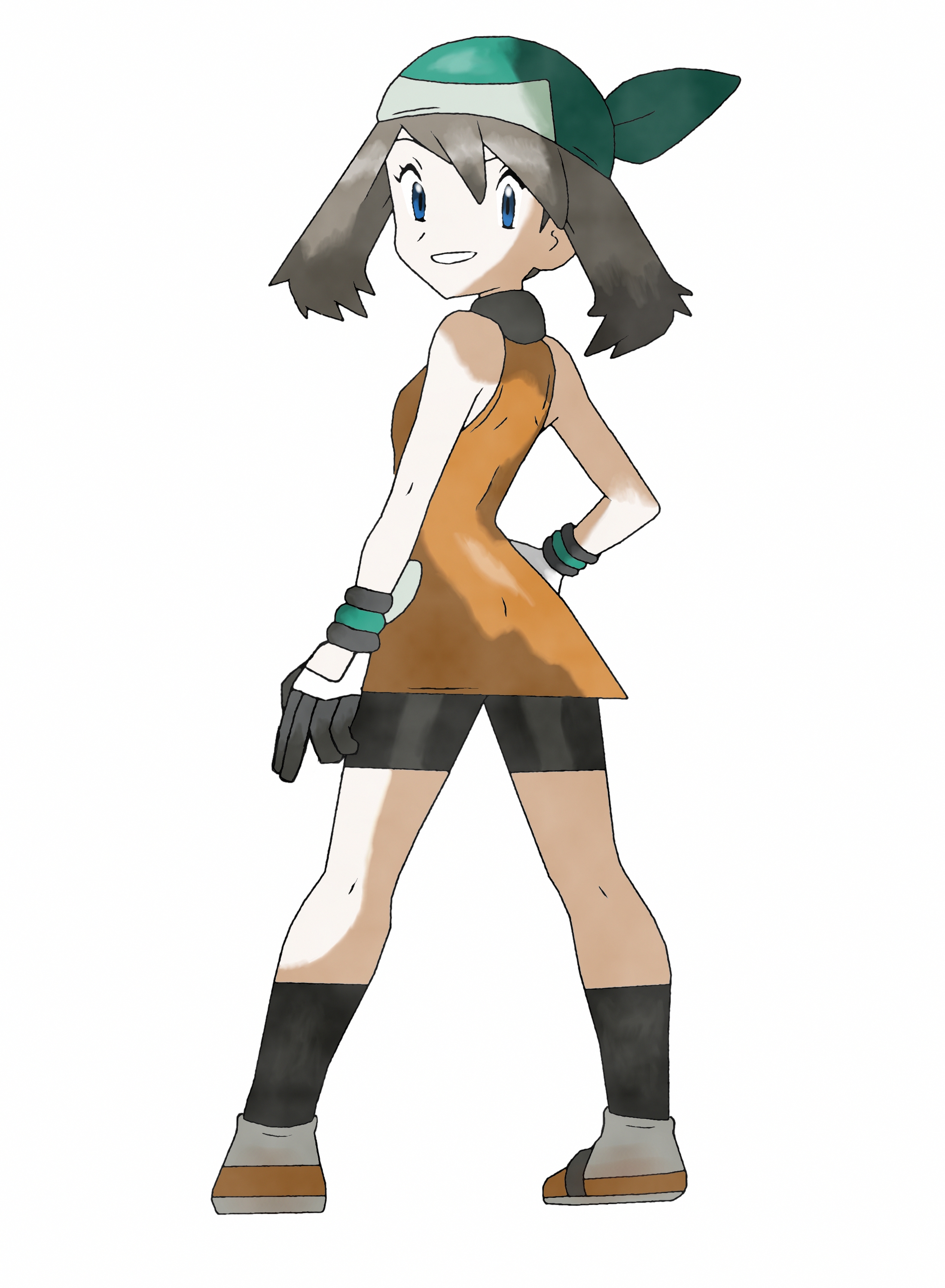 may (pokemon), nintendo, pokemon, pokemon rse, absurdres, highres, 1girl, bandana, bike shorts, bike shorts under shorts, black shorts, black socks, blue eyes, brown hair, gloves, green bandana, looking at viewer, orange shirt, shirt, shoes, short hair, shorts, socks, teeth, user vmrp8434, white shoes