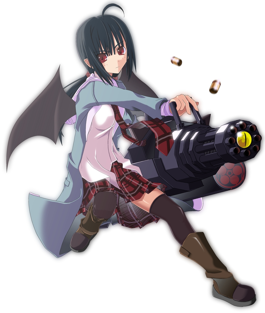 takke-shioyaki, original, plaid neckwear, 1girl, ahoge, black hair, black thighhighs, boots, female focus, gatling gun, gun, hair ribbon, long hair, necktie, plaid clothes, plaid necktie, plaid skirt, pointy ears, red eyes, ribbon, school uniform, skirt, solo, thighhighs, weapon, wings, zettai ryouiki