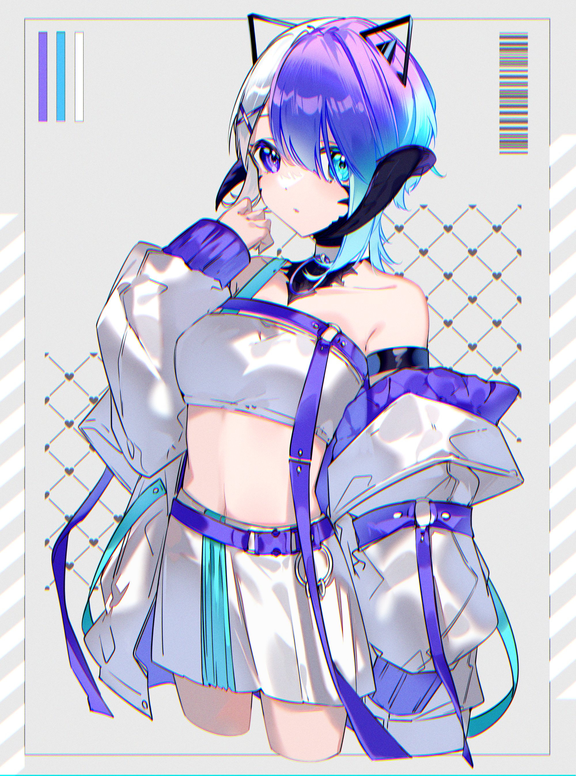 motsuni (lxxe1120), warrior of light (ff14), final fantasy, final fantasy xiv, absurdres, highres, 1girl, au ra, bare shoulders, blue eyes, blue hair, breasts, cropped legs, dragon girl, dragon horns, gradient hair, heterochromia, horns, jacket, jacket partially removed, looking at viewer, midriff, multicolored hair, navel, purple eyes, purple hair, scales, short hair, skirt, solo, strapless, tube top, white hair, white jacket, white skirt, white tube top