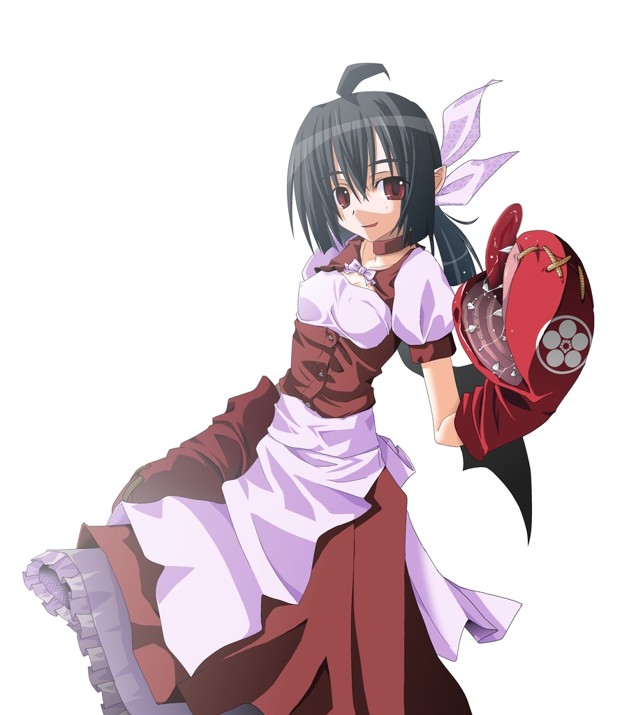 takke-shioyaki, original, 1girl, ahoge, black hair, boxing gloves, breasts, choker, covered erect nipples, dress, female focus, hair ribbon, hand puppet, long hair, pointy ears, ponytail, puppet, red eyes, ribbon, small breasts, solo, teeth, tongue, wings