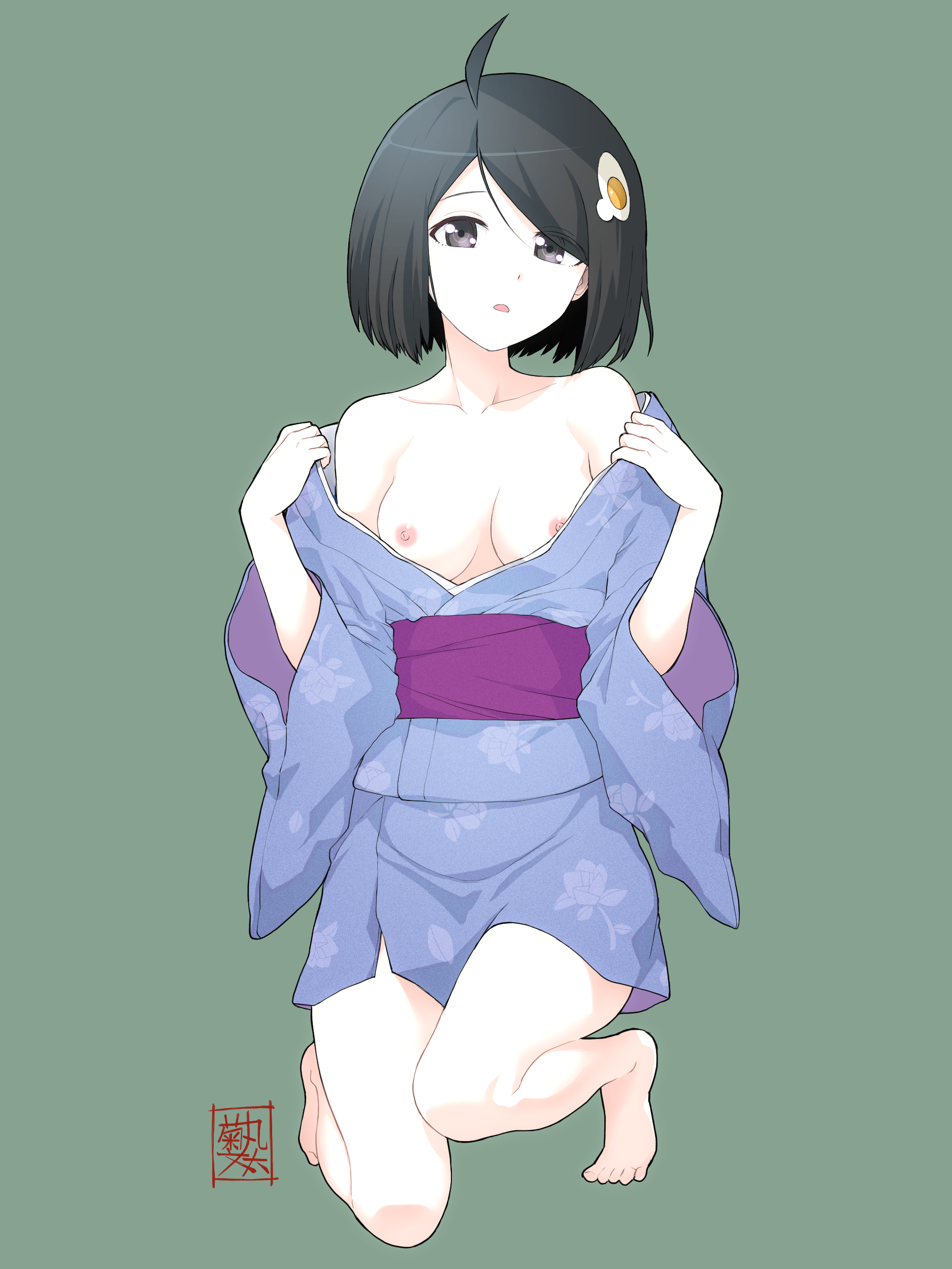 kikumaru bunta, araragi tsukihi, monogatari (series), absurdres, commentary, commentary request, highres, translated, 1girl, ahoge, artist name, bare shoulders, barefoot, belt, black eyes, black hair, bob cut, breasts, cleavage, collarbone, egg hair ornament, floral print, floral print kimono, food-themed hair ornament, fried egg, full body, green background, hair ornament, japanese clothes, kimono, kneeling, long sleeves, medium breasts, nipples, no bra, obi, open clothes, open kimono, opened by self, parted lips, print kimono, purple belt, purple kimono, purple sash, sash, short hair, short kimono, signature, simple background, solo, swept bangs, toes, undressing, wide sleeves