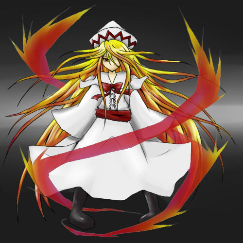 lily white, touhou, lowres, 1girl, black background, blonde hair, female focus, full body, gradient background, grey background, hat, long hair, solo, standing