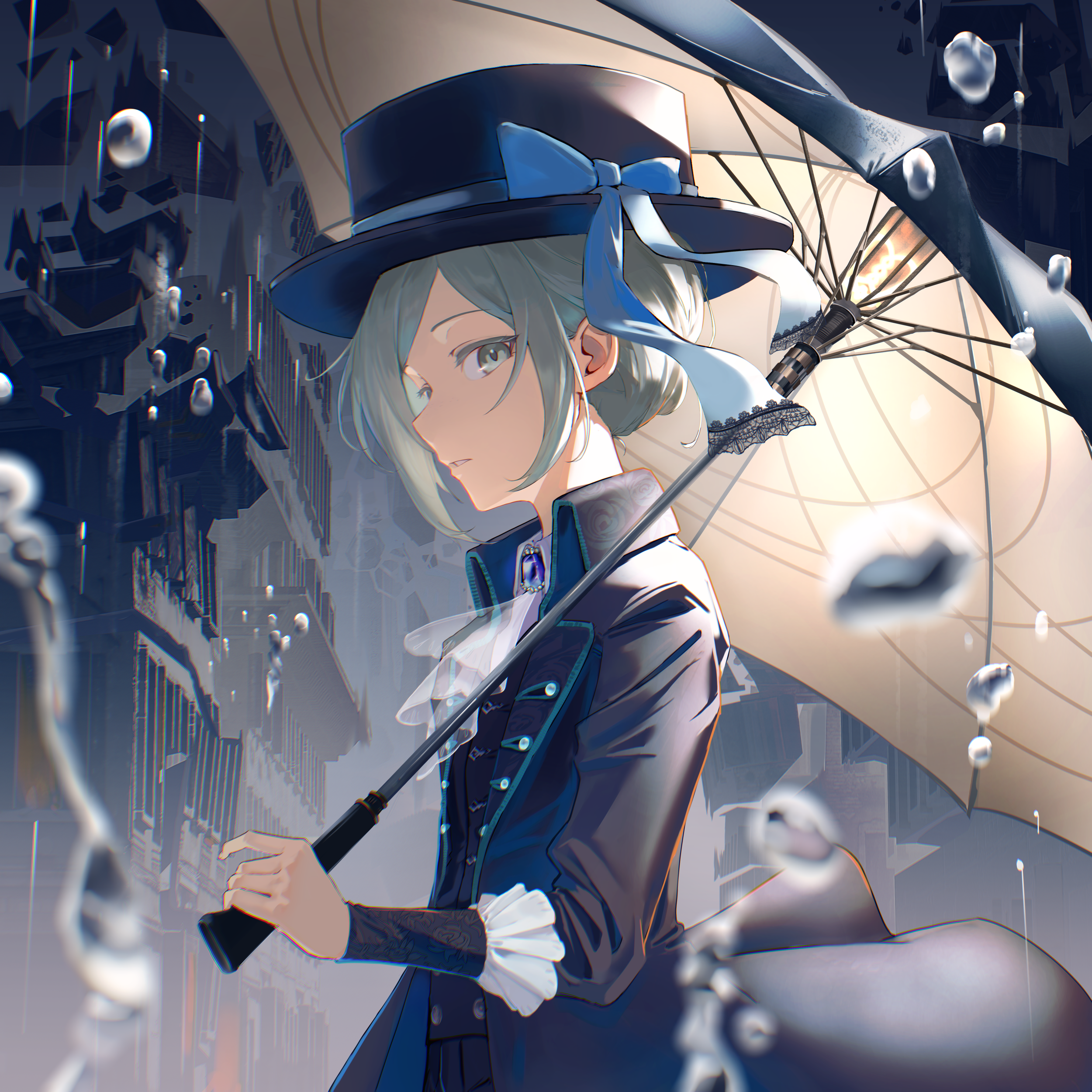 0gen3 illust, vertin (reverse:1999), reverse:1999, absurdres, commentary request, highres, 1girl, ascot, black coat, black hat, black umbrella, blue bow, blue gemstone, blue ribbon, blurry, bow, coat, collared coat, cowboy shot, depth of field, frilled sleeves, frills, from side, gem, grey eyes, grey hair, hat, hat bow, hat ribbon, holding, holding umbrella, long sleeves, looking at viewer, outdoors, parted bangs, parted lips, profile, rain, ribbon, solo, umbrella, white ascot