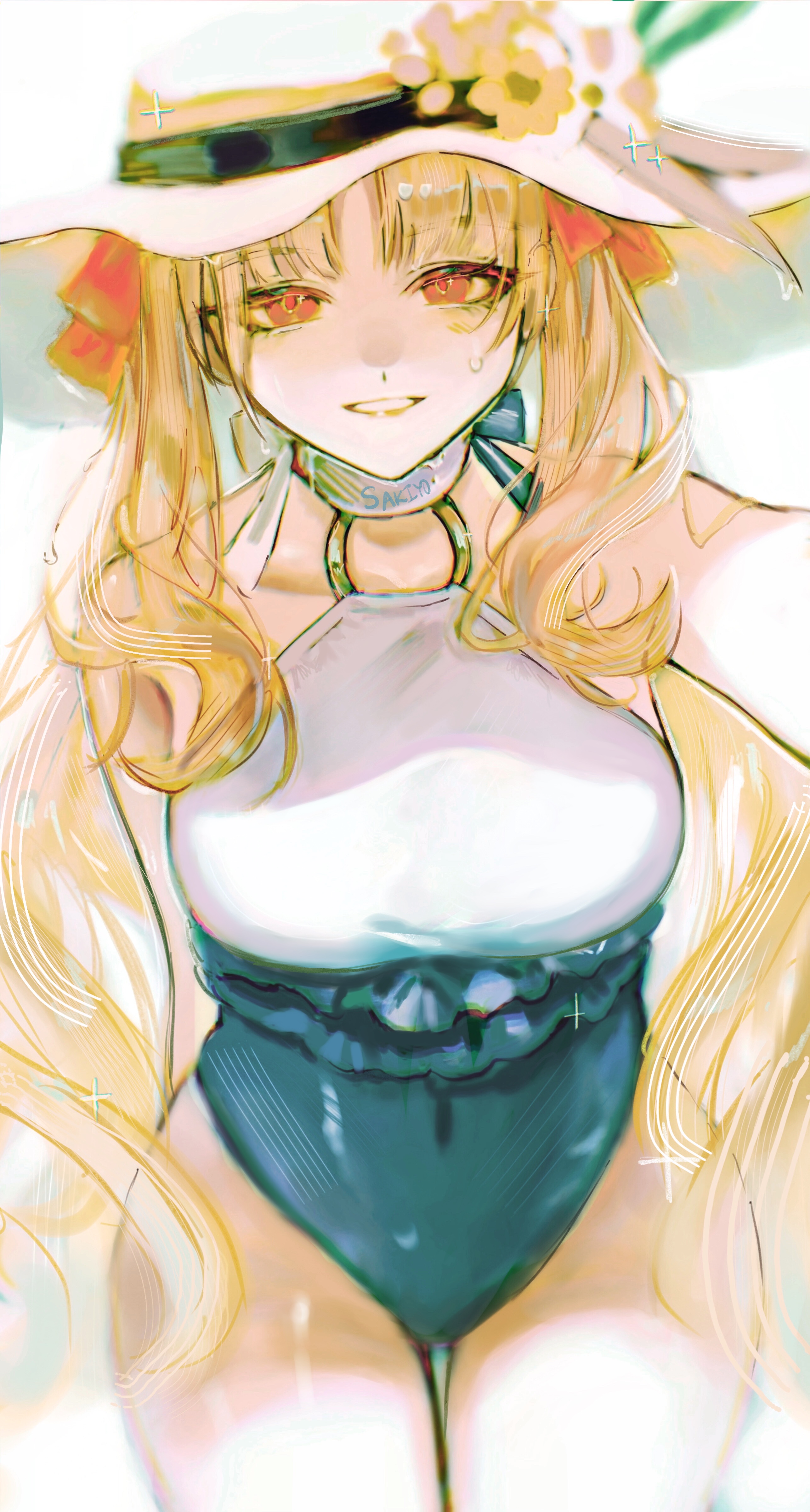 sakiyo, ereshkigal (fate), ereshkigal (swimsuit beast) (fate), fate/grand order, fate (series), absurdres, commentary request, highres, 1girl, blonde hair, blush, covered navel, grin, hair ribbon, hat, long hair, looking at viewer, official alternate costume, one-piece swimsuit, parted bangs, red eyes, red ribbon, ribbon, signature, smile, solo, sun hat, sweatdrop, swimsuit, thighs, two side up, white hat