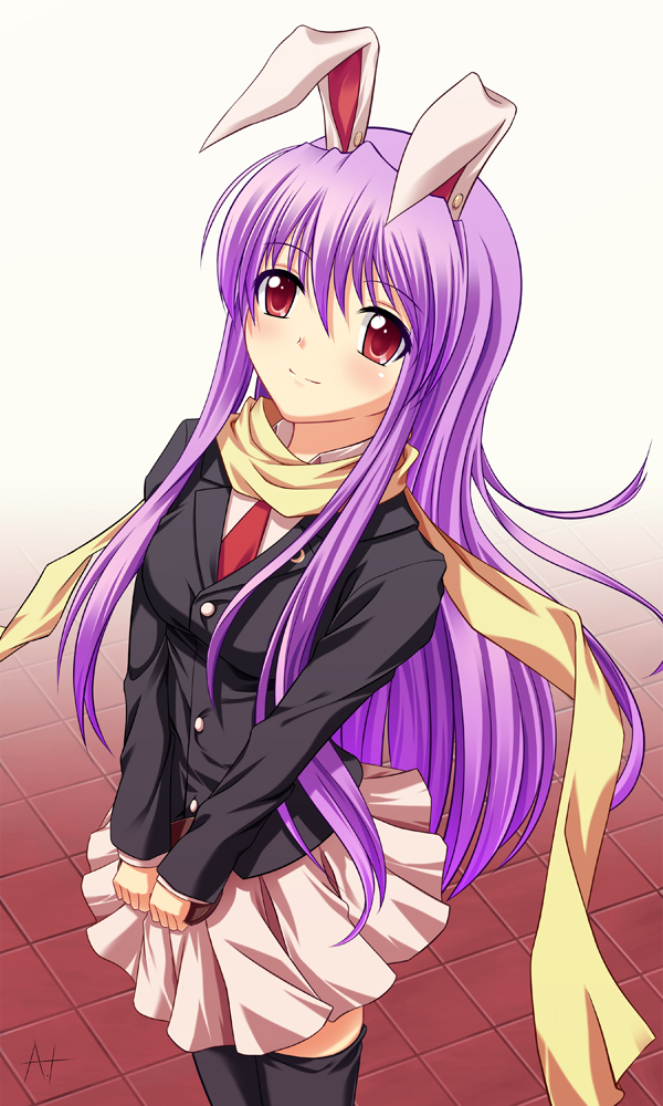 athrun1120, reisen udongein inaba, touhou, bad id, bad pixiv id, 1girl, animal ears, blazer, breasts, female focus, gradient background, jacket, long hair, purple hair, rabbit ears, red eyes, scarf, skirt, solo, thighhighs, white background