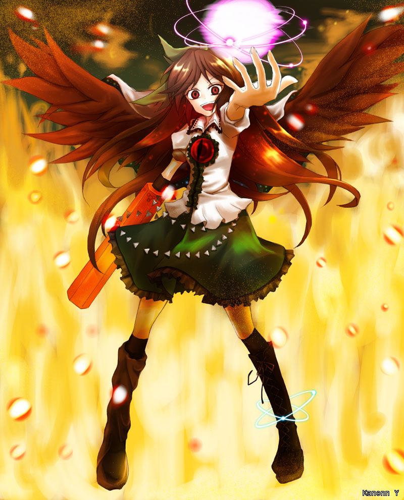 kanonn y, reiuji utsuho, touhou, 1girl, artist name, brown hair, female focus, fire, full body, gradient background, long hair, outstretched arm, red eyes, skirt, solo, standing, wings