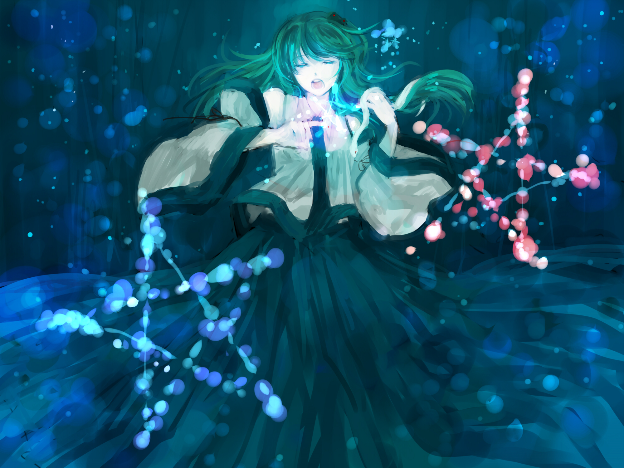 chantly 78, minase (mmakina), kochiya sanae, touhou, bad id, bad pixiv id, highres, 1girl, blue theme, closed eyes, danmaku, detached sleeves, female focus, frog, green hair, japanese clothes, miko, music, open mouth, pale skin, singing, snake, solo, star (symbol)