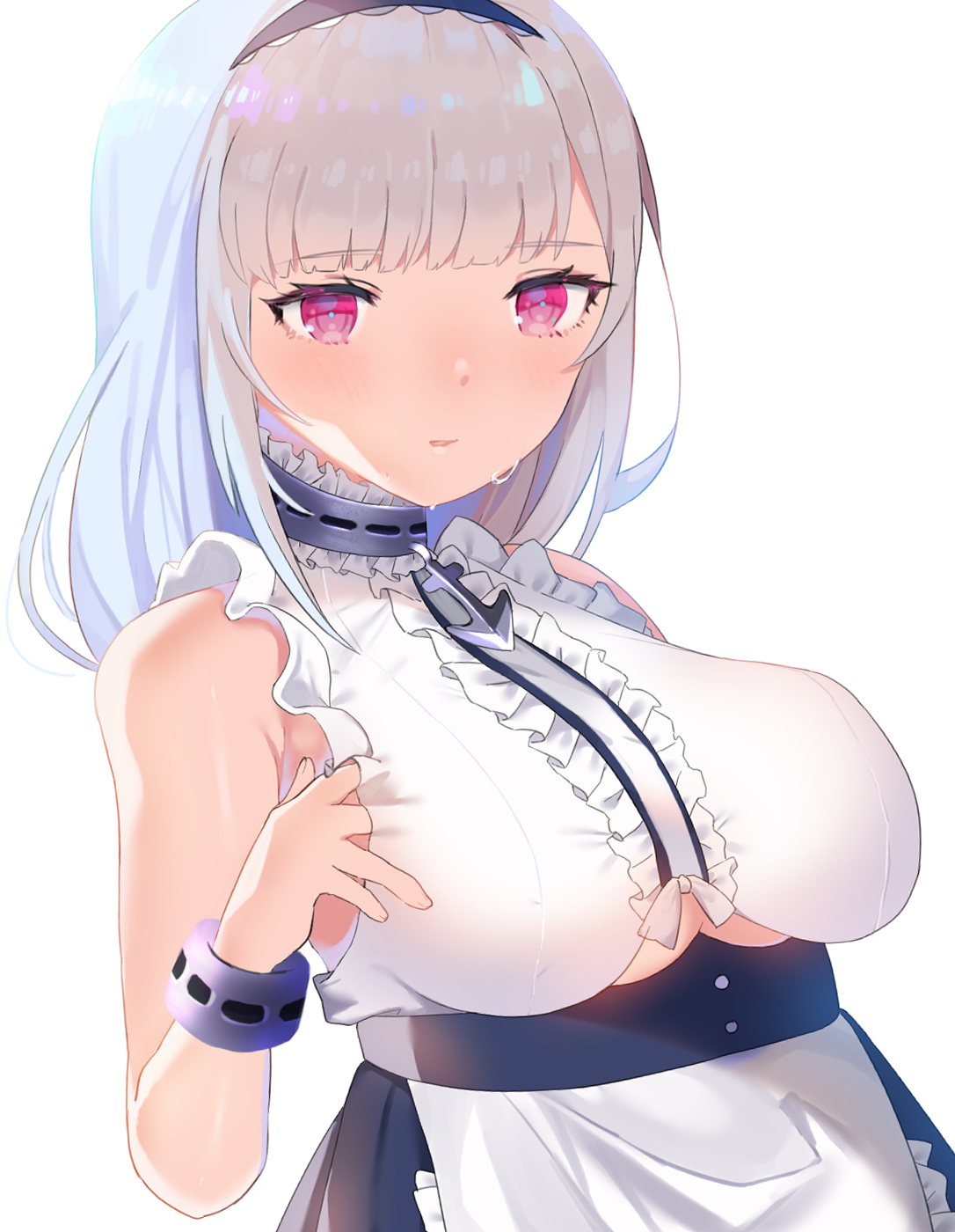 nekomiya iyo, dido (azur lane), azur lane, commentary request, highres, 1girl, anchor choker, apron, bare shoulders, black hairband, breasts, center frills, choker, clothing cutout, dress, frilled choker, frills, hairband, lace-trimmed hairband, lace trim, large breasts, long hair, looking at viewer, pink eyes, simple background, sleeveless, sleeveless dress, solo, underboob, underboob cutout, waist apron, white apron, white background