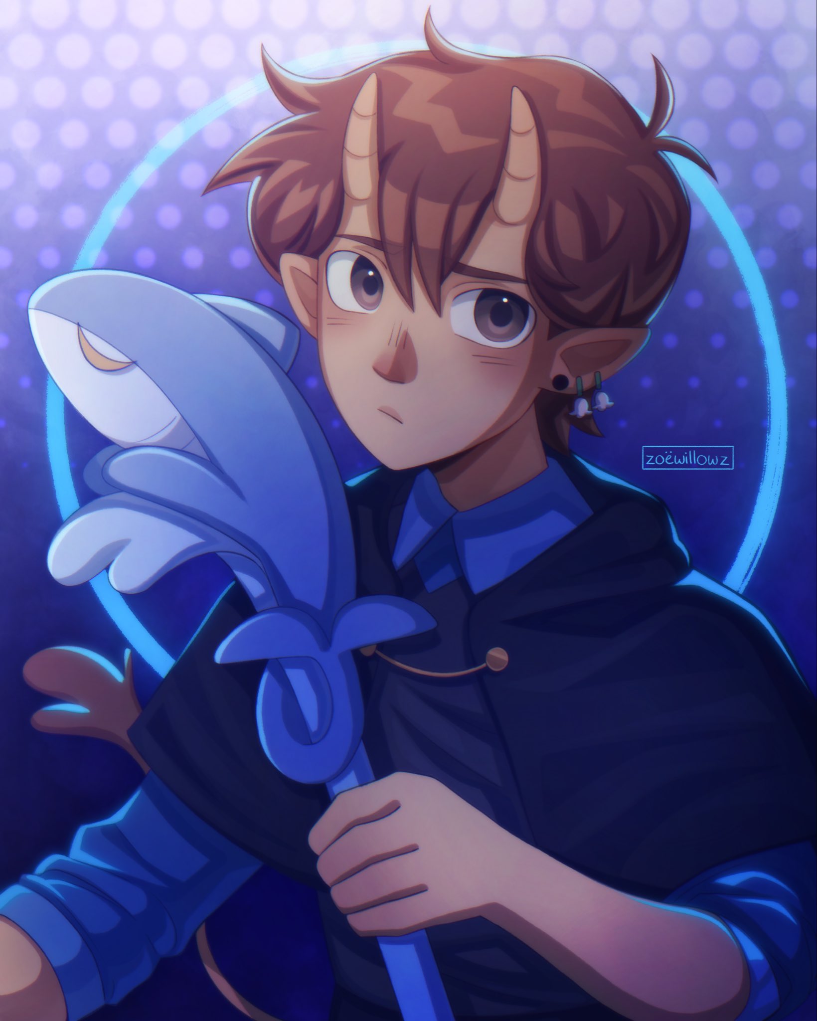 hero (faraway) (omori), hero (omori), omori, the owl house, highres, 1boy, alternate costume, alternate eye color, artist name, blush, brown eyes, brown hair, closed mouth, crossover, dark-skinned male, dark skin, ear piercing, holding, holding staff, horns, long sleeves, looking at viewer, male focus, piercing, pointy ears, solo, staff, upper body, zoewillowz