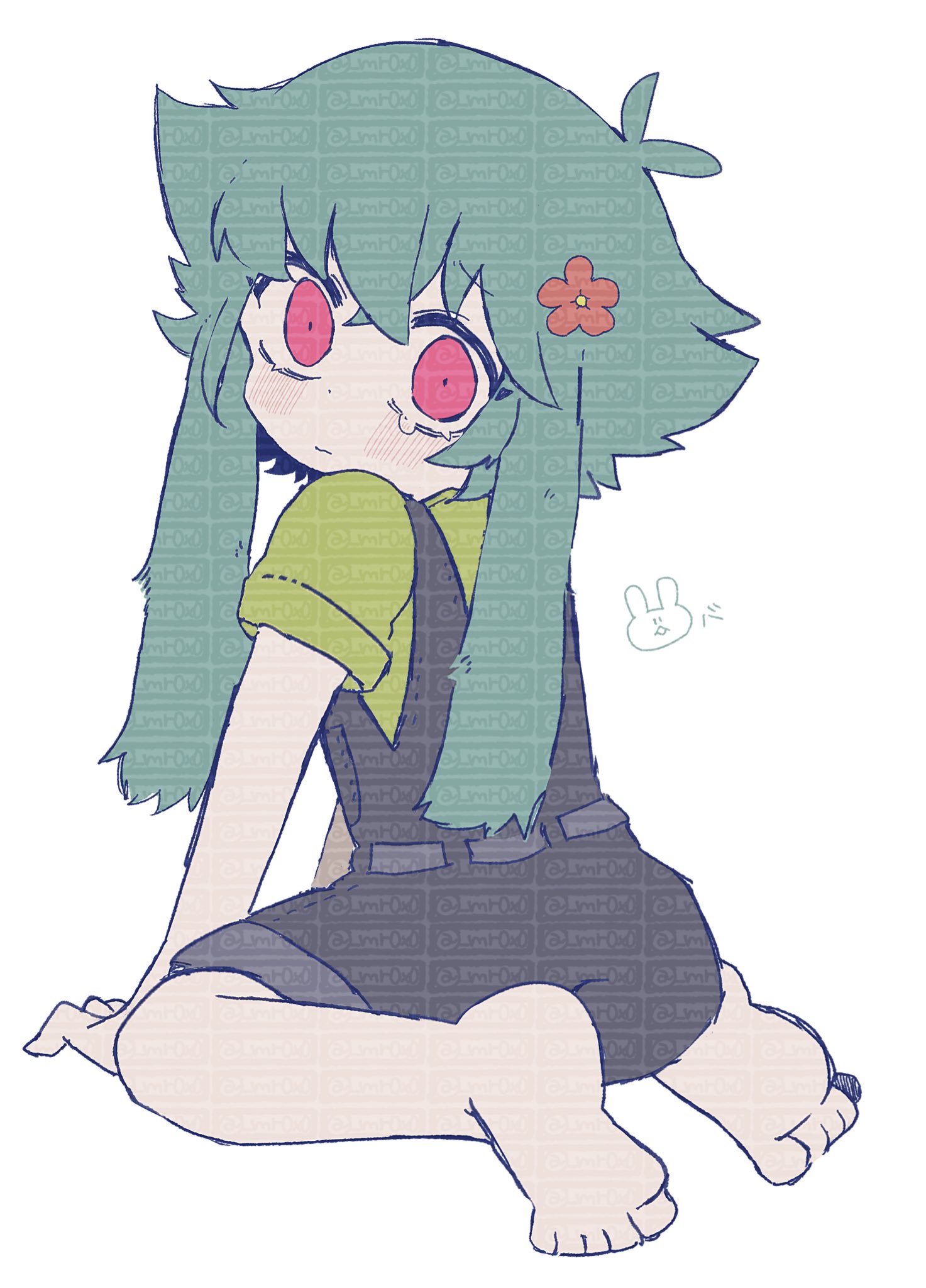mr0x0, basil (headspace) (omori), basil (omori), omori, highres, 1boy, animal ears, antenna hair, arm support, barefoot, blue overalls, blush, closed mouth, colored skin, flower, green eyes, green hair, green shirt, hair flower, hair ornament, kemonomimi mode, looking at viewer, male focus, overalls, rabbit boy, rabbit ears, red eyes, shirt, short sleeves, sidelocks, simple background, sitting, solo, tearing up, too many watermarks, wariza, watermark, white background, white skin