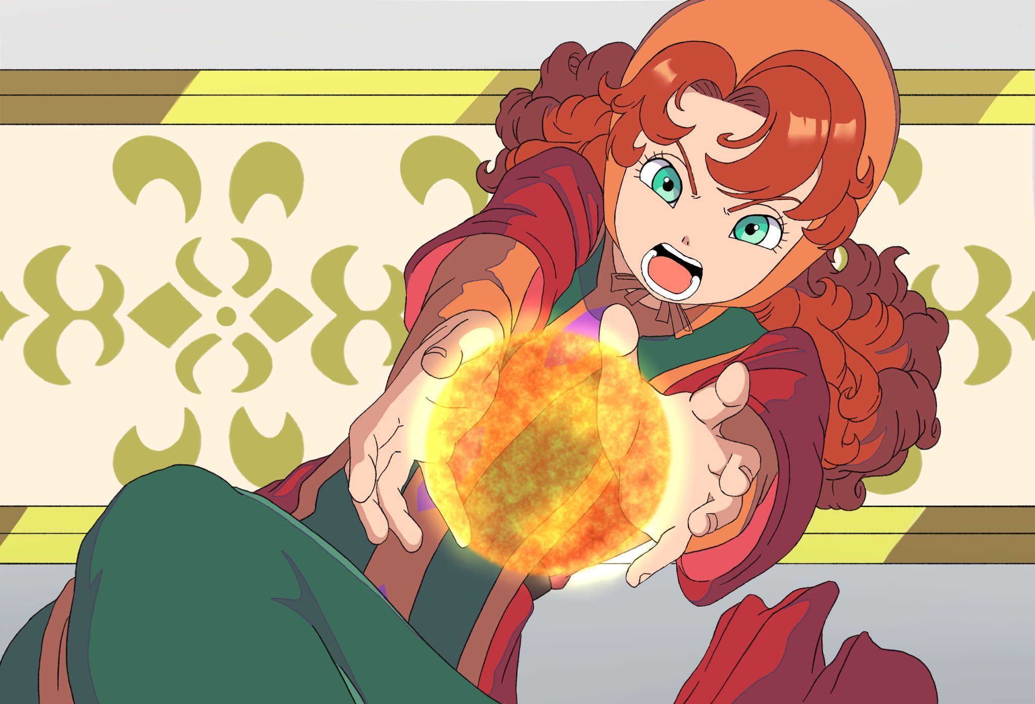maribel (dq7), dragon quest, dragon quest vii, highres, 1girl, curly hair, dress, fireball, hood, long hair, looking at viewer, open mouth, red hair, sinfonianobilis, solo