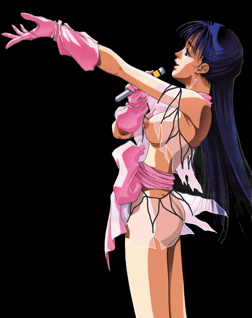 lynn minmay, choujikuu yousai macross, macross, macross: do you remember love?, 1980s (style), highres, third-party edit, 1girl, ass, blue hair, breasts, earrings, female focus, gloves, jewelry, large breasts, long hair, microphone, oldschool, retro artstyle, solo