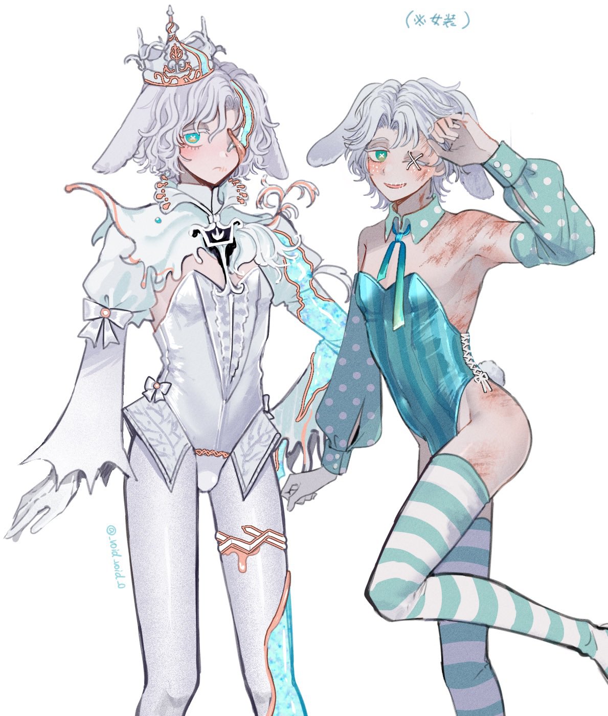 tendenbarabara, matthias czernin, identity v, highres, 2boys, aqua eyes, blue sleeves, blush, bulge, cross stitch, crown, detached sleeves, downturned eyes, freckles, gold trim, green eyes, leg up, looking at viewer, male focus, male playboy bunny, matthias czernin (king-h1), matthias czernin (the boy who fell), multiple boys, nontraditional playboy bunny, pantyhose, polka dot sleeves, scar, scar on arm, scar on thighs, smile, stitched eye, stitched mouth, stitches, striped clothes, striped thighhighs, thighhighs, white hair, white pantyhose, wide sleeves