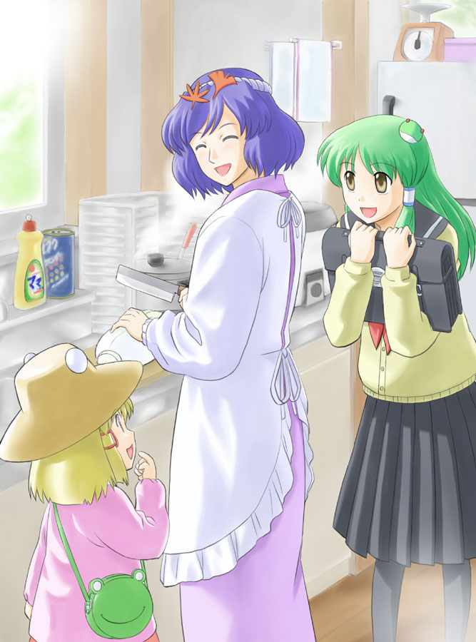 satsuki hare shin, satsuki harunobu, kochiya sanae, moriya suwako, pyonta, yasaka kanako, touhou, 3girls, ^ ^, alternate costume, apron, blonde hair, blue hair, child, closed eyes, family, female focus, green hair, happy, hat, kappougi, kindergarten, kindergarten uniform, leaf, leaf on head, long hair, motherly, multiple girls, school uniform, serafuku, short hair, sideways mouth, skirt, slice of life, smile