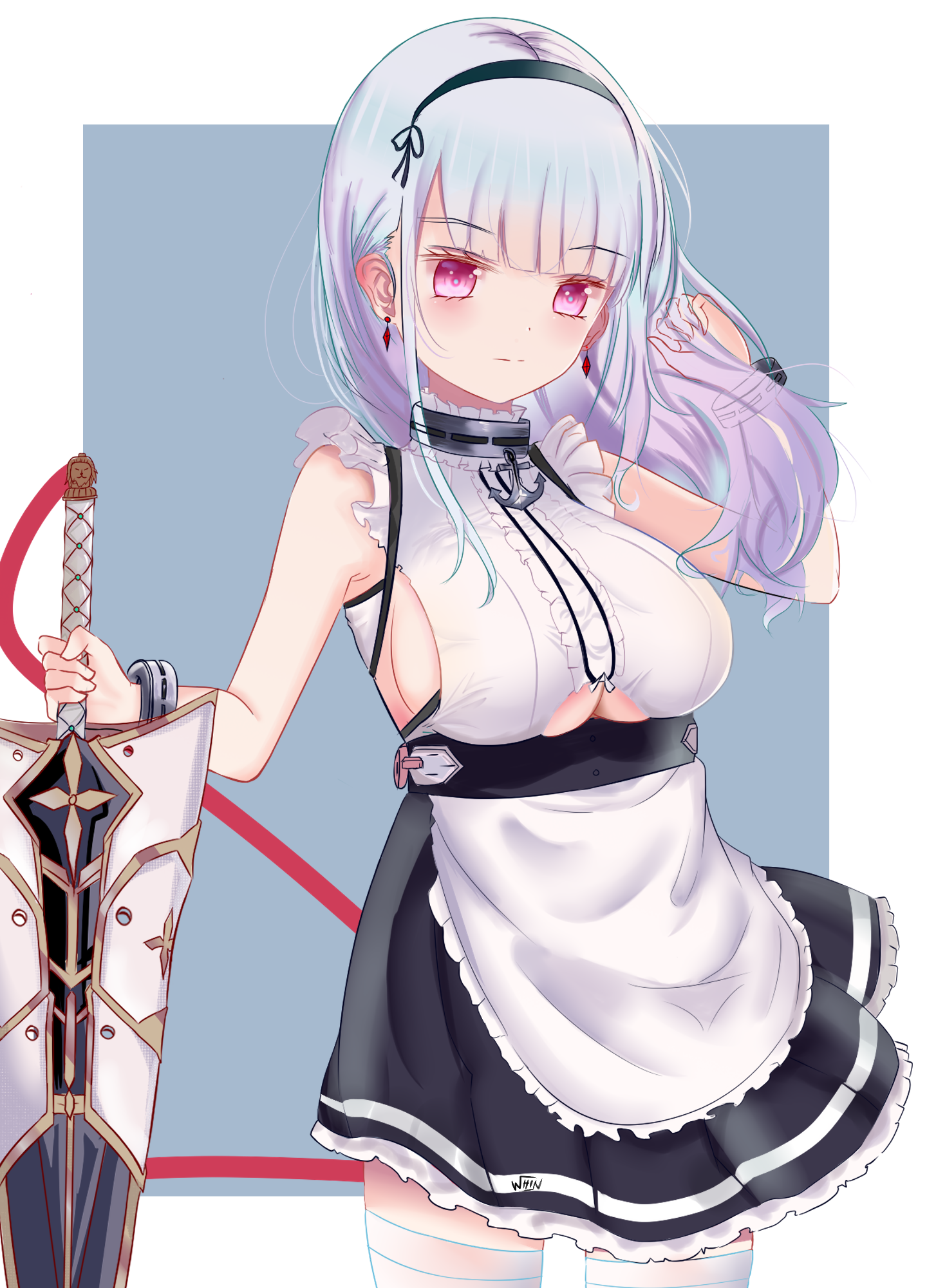 whin, dido (azur lane), azur lane, highres, 1girl, anchor choker, apron, bare shoulders, black hairband, blue background, breasts, center frills, choker, clothing cutout, cowboy shot, dress, earrings, frilled choker, frills, hairband, holding, holding sword, holding weapon, jewelry, large breasts, long hair, looking at viewer, pink eyes, sleeveless, sleeveless dress, solo, sword, thighhighs, two-tone background, underboob, underboob cutout, waist apron, weapon, white apron, white background, white thighhighs