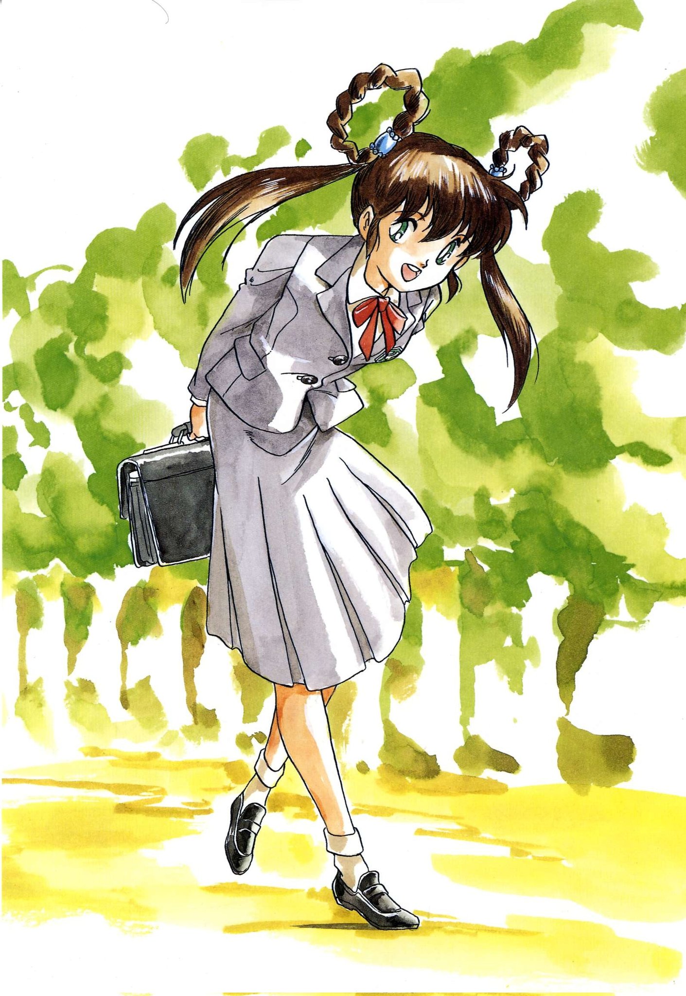 miyao gaku, mano youko, mamono hunter youko, highres, official art, 1girl, braid, braided hair rings, brown hair, full body, hair rings, jacket, long hair, looking at viewer, open mouth, pleated skirt, retro artstyle, school uniform, skirt, smile, solo, standing, tree, twintails
