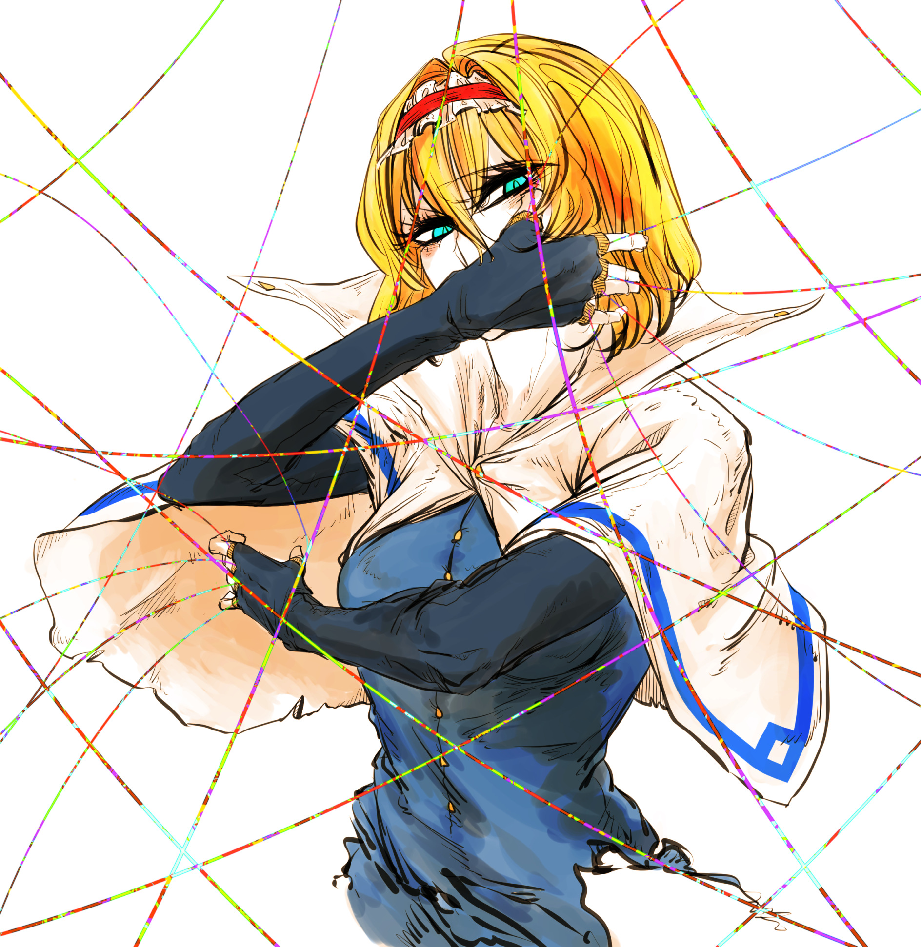 kyanduru, alice margatroid, touhou, highres, 1girl, black gloves, blonde hair, blue shirt, breasts, capelet, elbow gloves, fingerless gloves, gloves, green eyes, hair intakes, hairband, hands up, long sleeves, medium breasts, puppet strings, red hairband, shirt, short hair, simple background, solo, white capelet