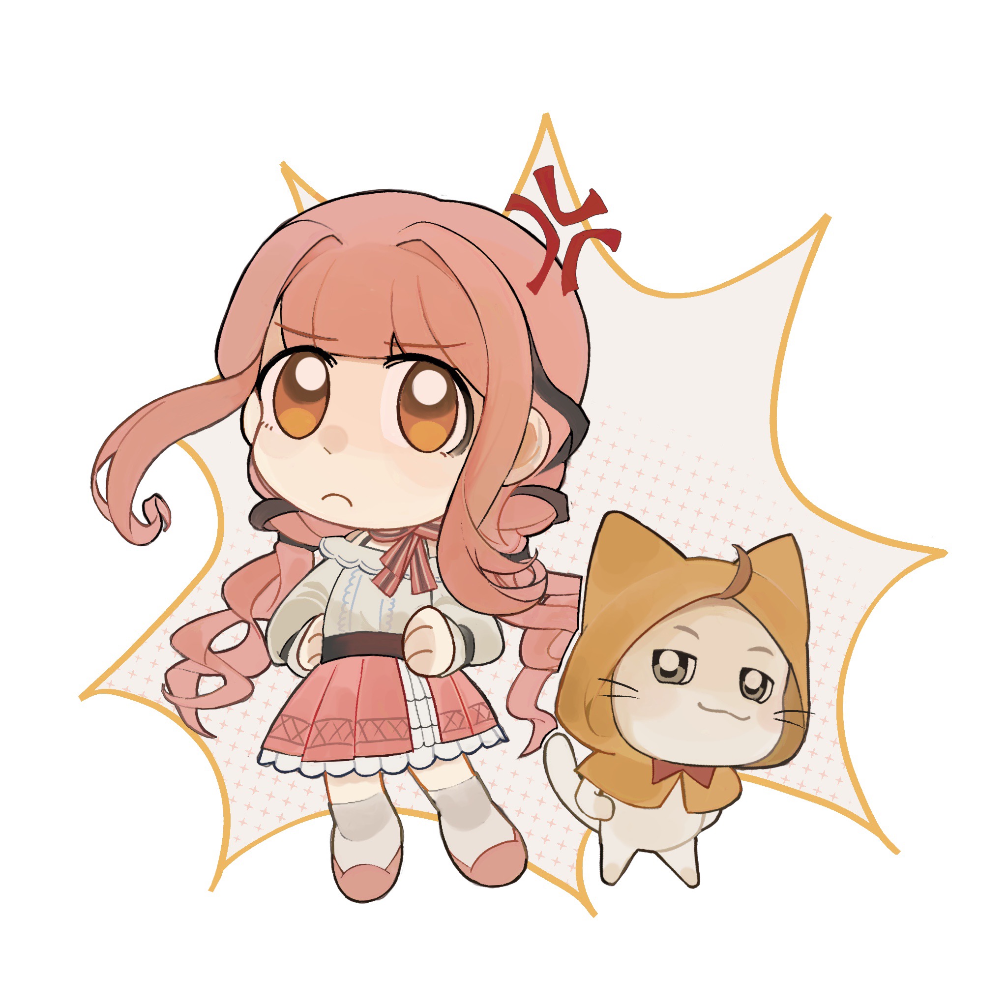 momo (nikki), nikki (nikki), perfect start (infinity nikki), infinity nikki, nikki (series), chinese commentary, commentary request, highres, 1girl, :3, ahoge, anger vein, animal, annoyed, bare shoulders, belt, black belt, black ribbon, blunt bangs, bow, bow choker, bowtie, bra strap, brown eyes, cat, center frills, chibi, choker, cloak, closed mouth, clothed animal, ear covers, explosion, frilled shirt, frilled skirt, frills, frown, furrowed brow, grey eyes, hair intakes, hair ribbon, halftone, hands on own hips, hood, hood up, hooded cloak, kneehighs, layered skirt, light blush, long hair, long sleeves, low twintails, medium skirt, off-shoulder shirt, off shoulder, pink bow, pink bowtie, pink choker, pink hair, pink shoes, pink skirt, pleated skirt, puffy long sleeves, puffy sleeves, red bow, red bowtie, ribbon, shirt, shoes, sidelocks, single stripe, skirt, sleeves past wrists, smirk, smug, socks, standing, striped bow, striped bowtie, striped choker, striped clothes, tareme, traditional bowtie, tress ribbon, twintails, very long hair, waio051773, wavy hair, whiskers, white background, white cat, white shirt, white skirt, white socks, yellow cloak
