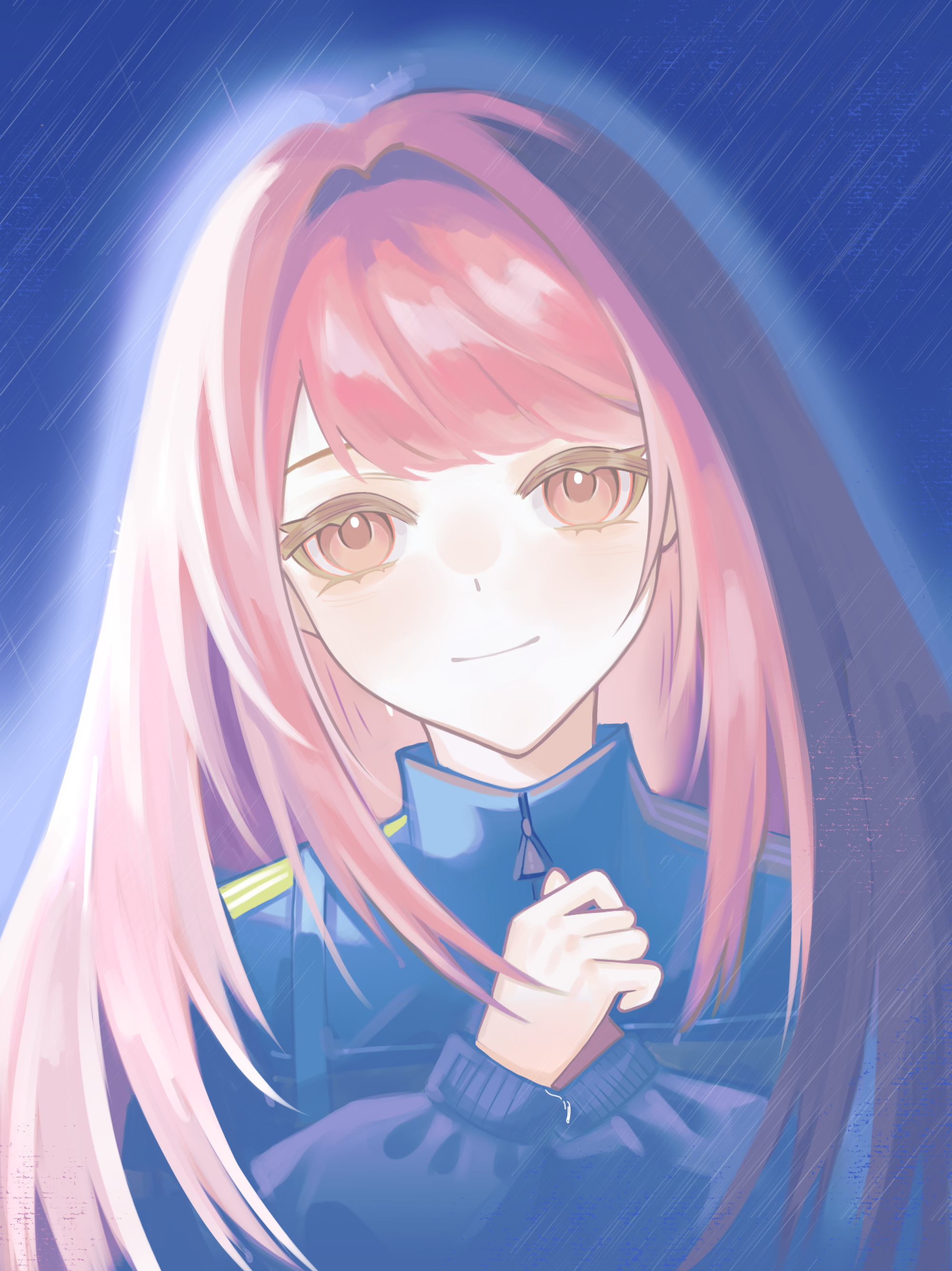 nikki (nikki), infinity nikki, nikki (series), absurdres, chinese commentary, commentary request, highres, 1girl, blue jacket, blunt bangs, blush, brown eyes, closed mouth, eyelashes, gusangyin, hair intakes, happy, jacket, long hair, long sleeves, pink hair, puffy long sleeves, puffy sleeves, rain, sleeves past wrists, smile, solo, track jacket, turtleneck, turtleneck jacket, upper body, very long hair, wet